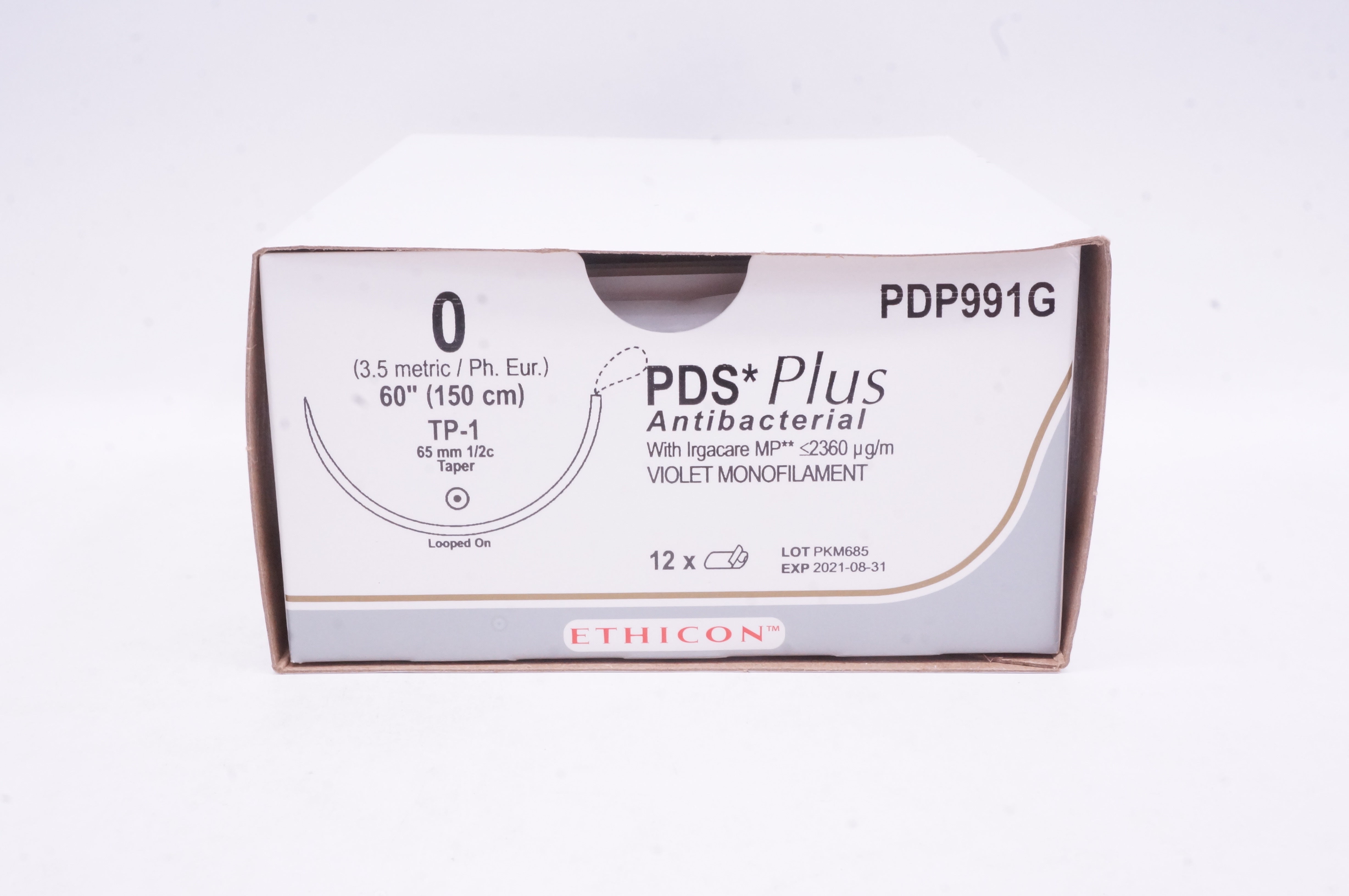 Ethicon PDP991G PDS 0 Plus Antibacterial, TP-1, 65mm 1/2c Taper, 60inch - Box  of 11