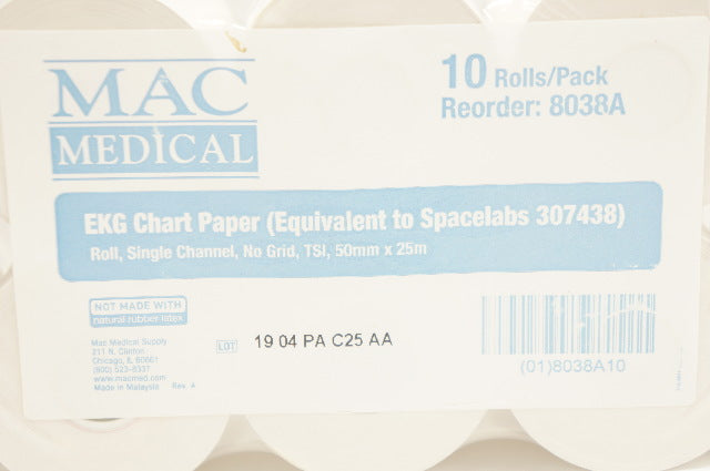 Mac Medical 8038A EKG Chart Paper Roll 50mm x 25m - Pack of 10