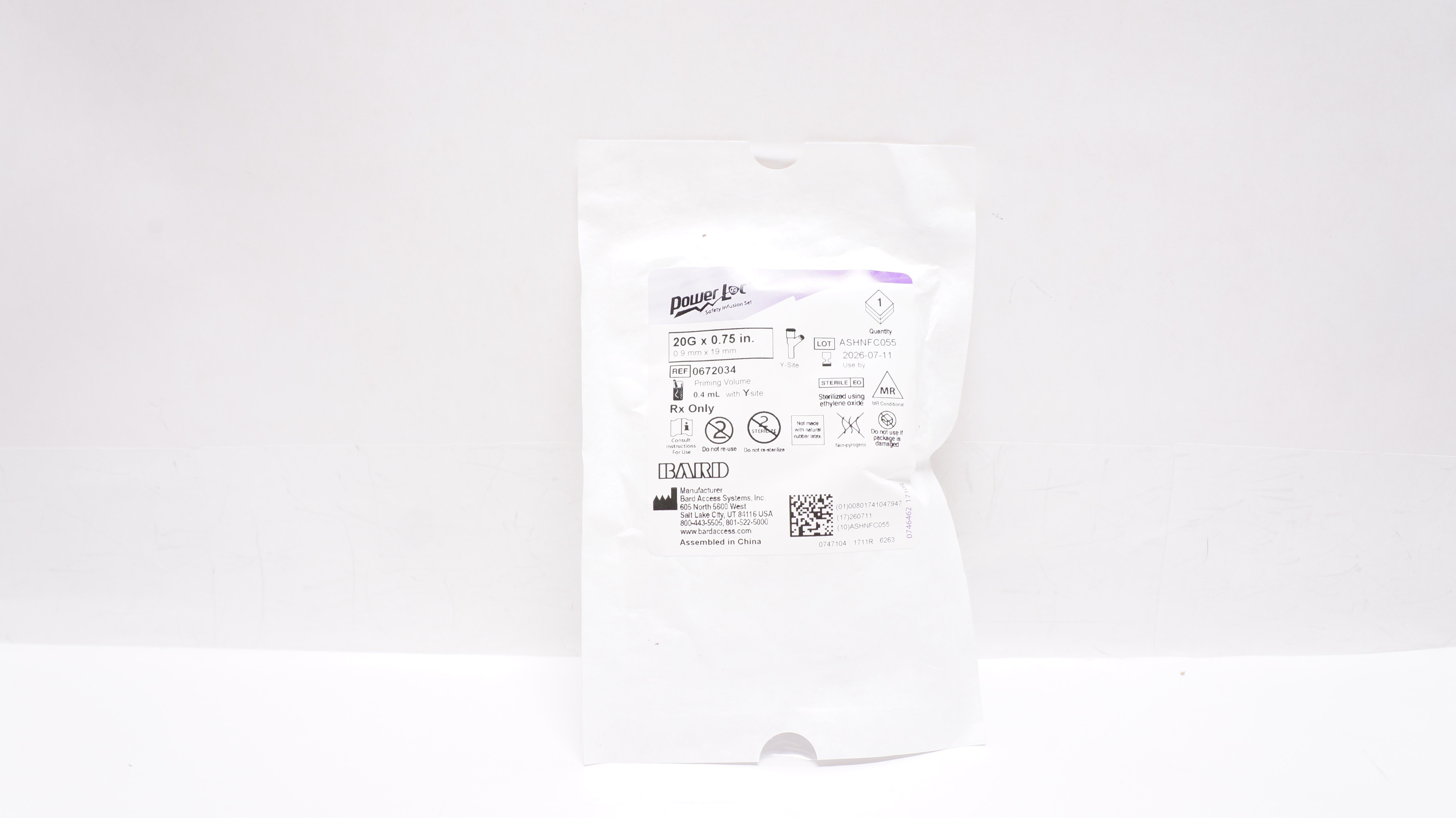 Bard 0672034 Power Loc Safety Infusion Set 20G x 0.75inch Prim. Vol. 0.4 mL