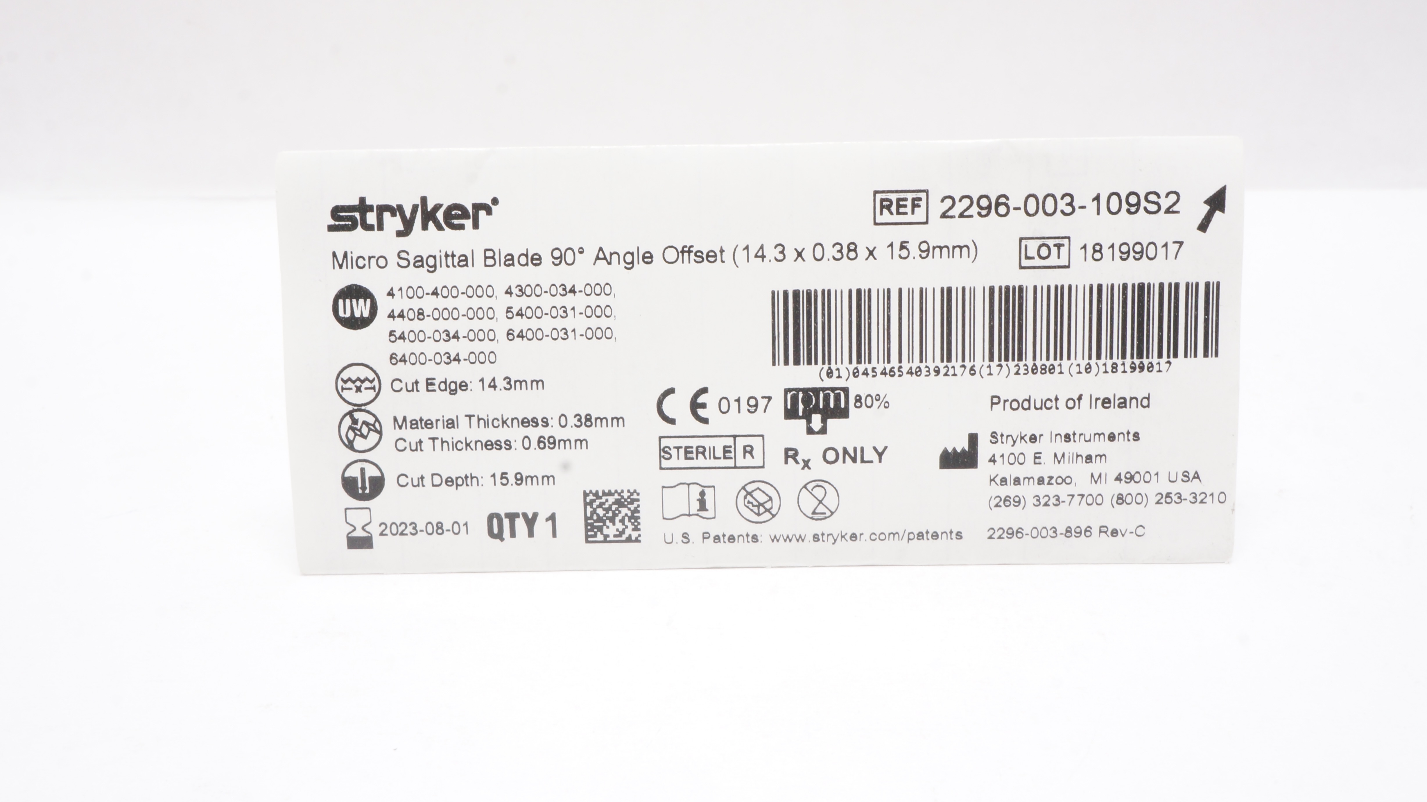 Stryker 2296-003-109S2 Micro Sagittal Blade 90° Angle Offset, Cut Edge 14.3mm