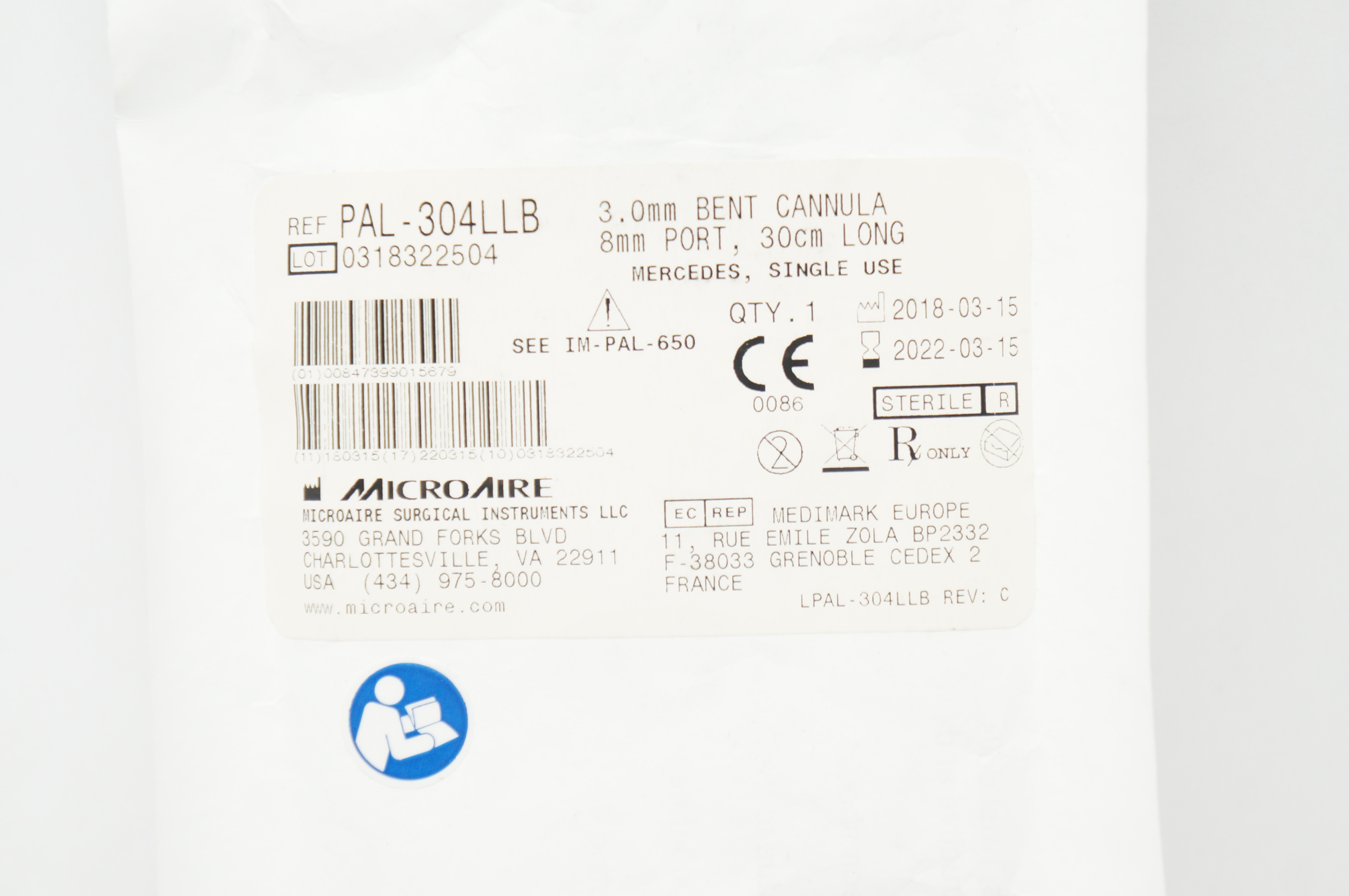 Microaire PAL-304LLB 3.0mm Bent Cannula 8mm Port 30cm Long, Mercedes (x)