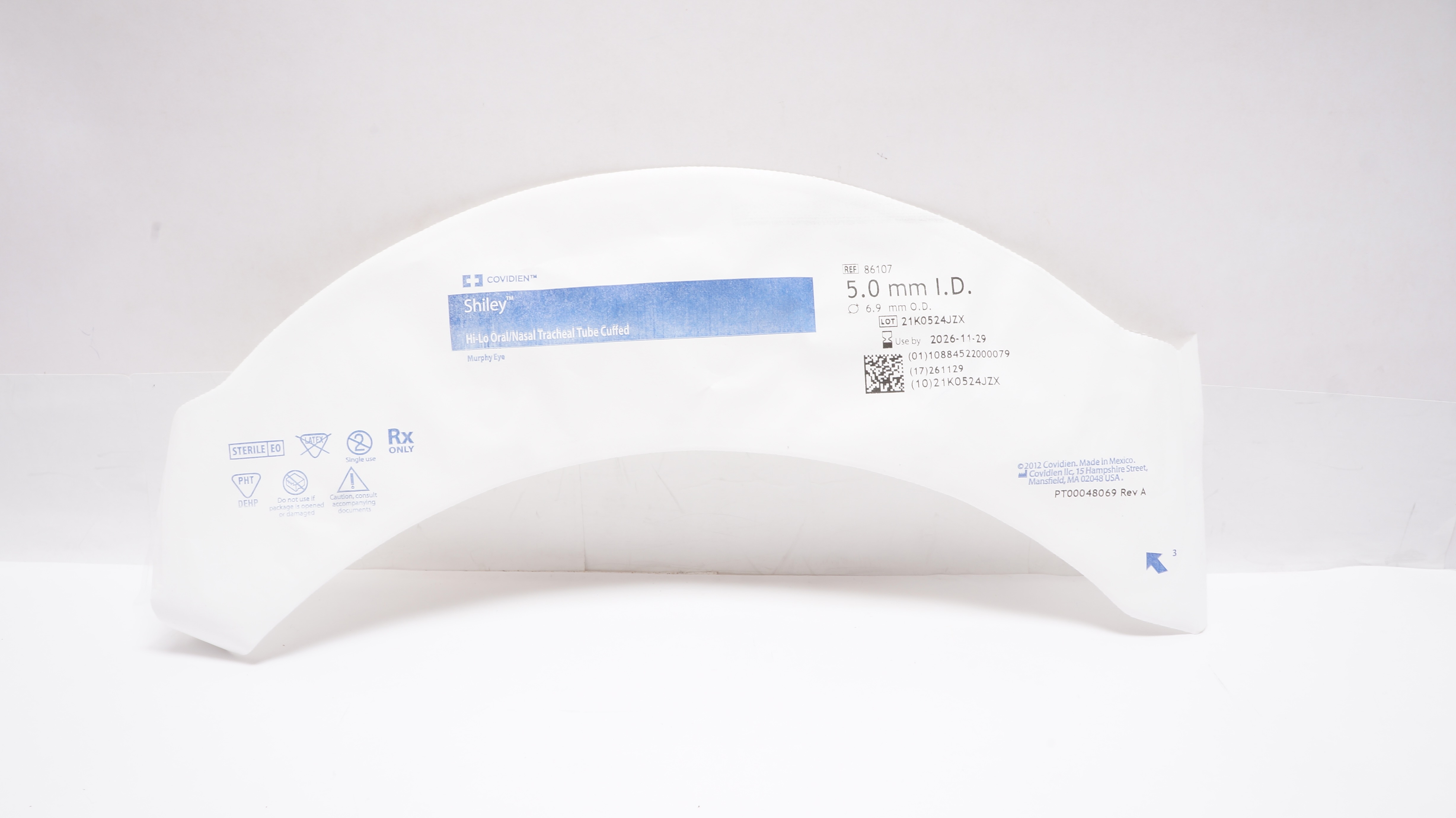 Covidien 86107 Shiley Hi-Lo Oral/Nasal Tracheal Tube Cuffed 5.0 ID x 6.9mm OD