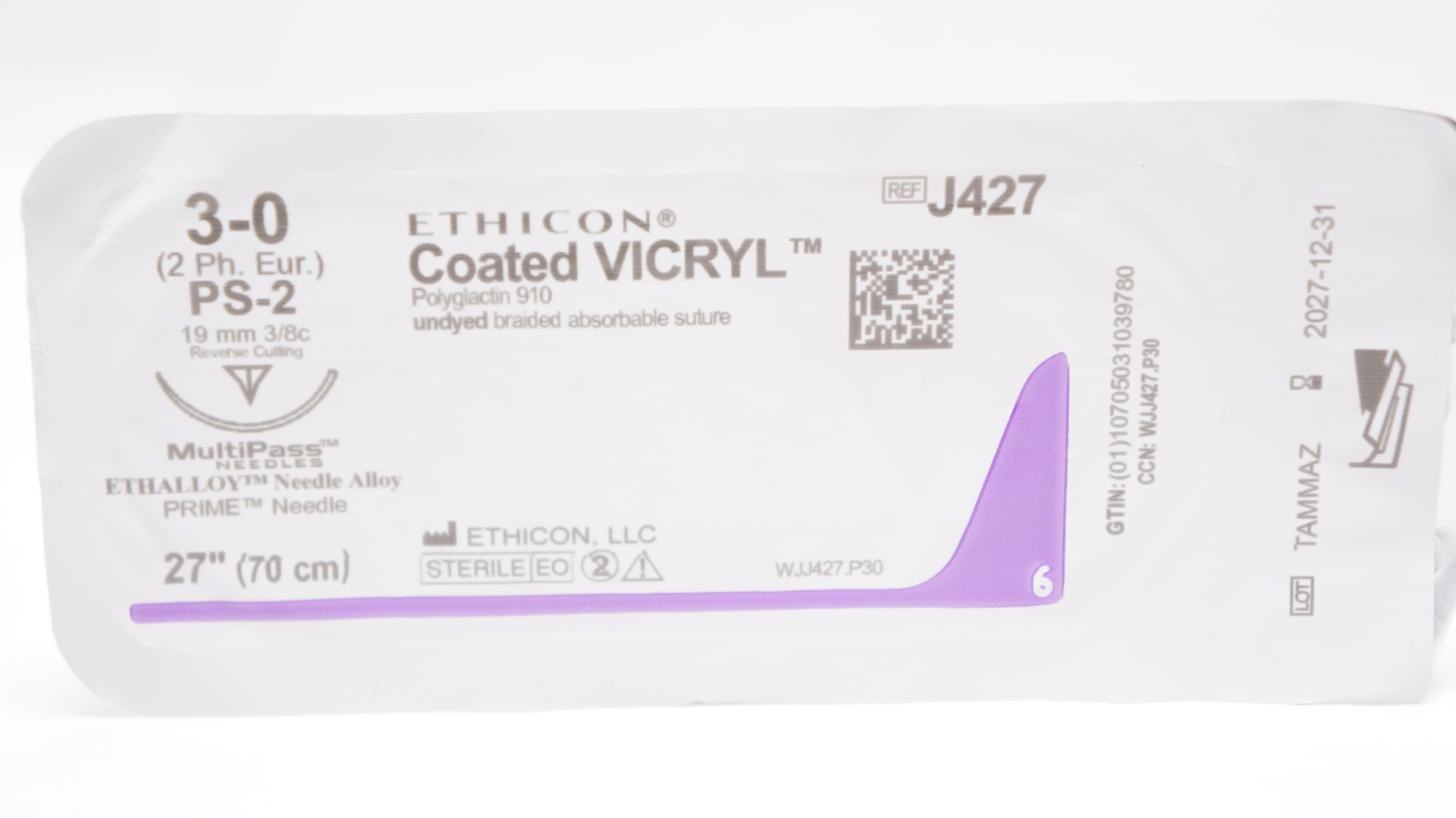 Ethicon J427 3-0 Coated Vicryl Stre PS-2 19mm 3/8c Reverse Cutting, 27inch