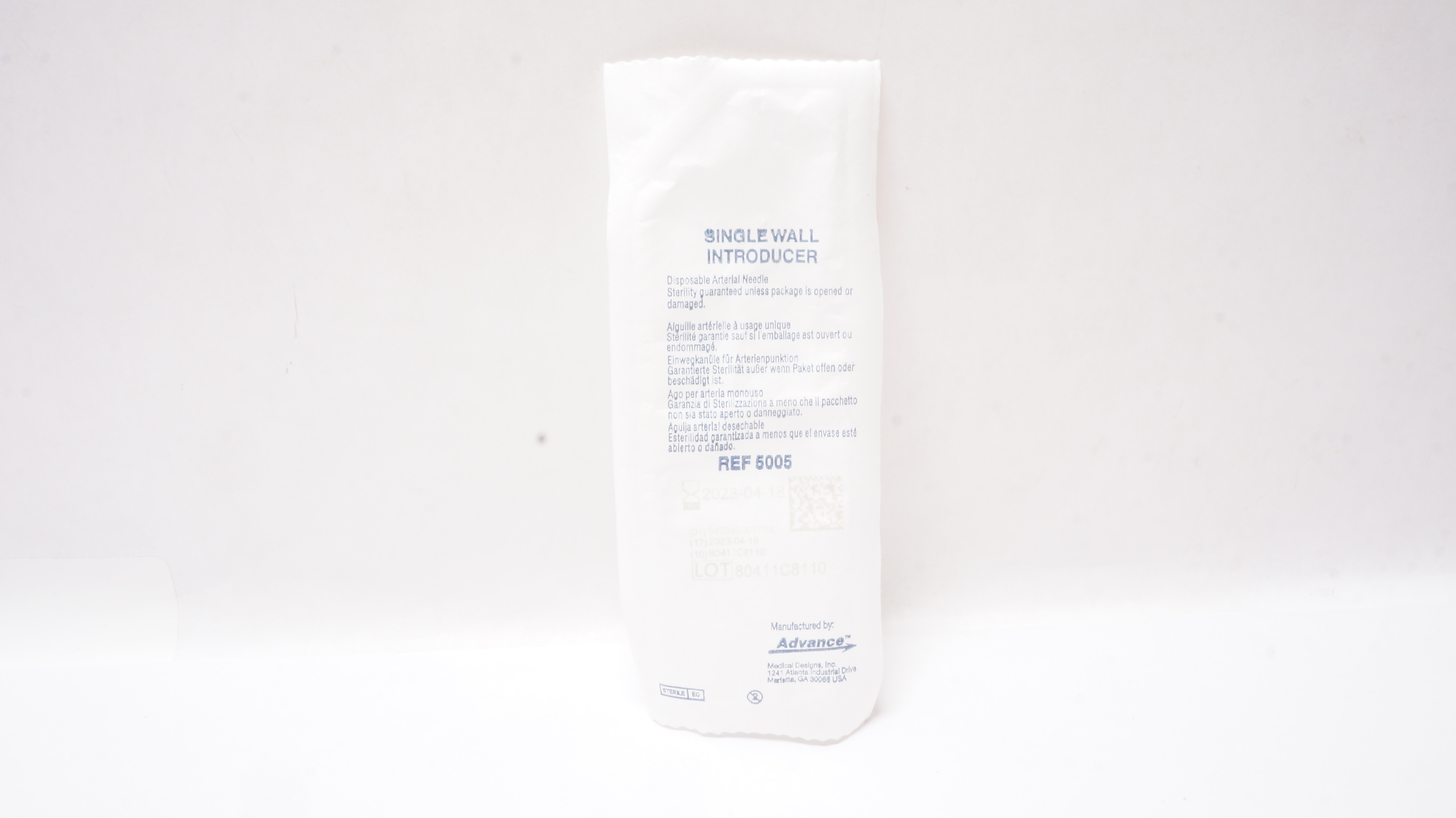 Advance 5005 Single Wall Introducer Disposable Arterial Ndle.