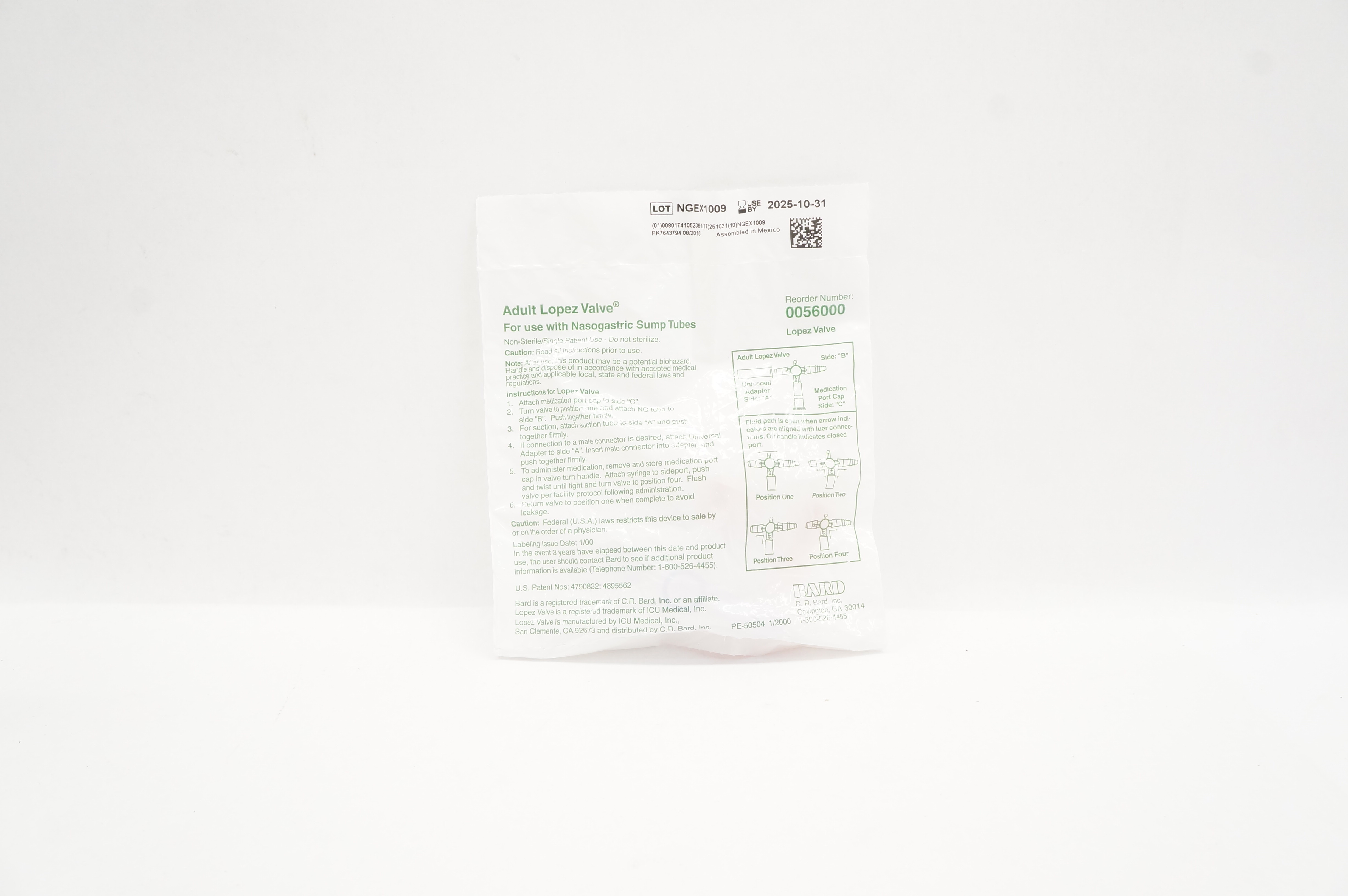 Bard 0056000 Adult Lopez Valve with Nasogastric Sump Tubes