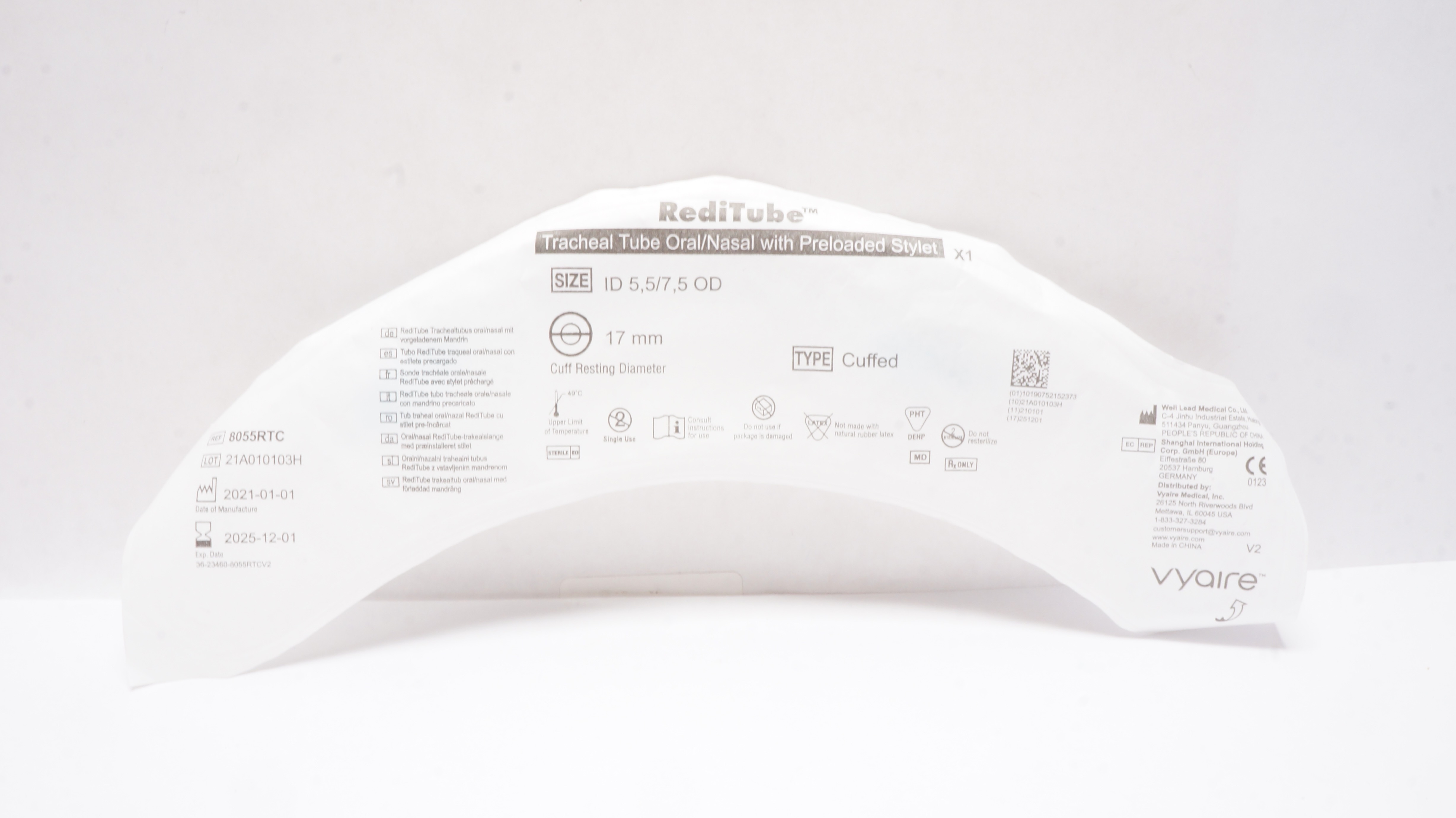 Vyaire 8055RTC RediTube Tracheal Tube Oral/Nasal W/Preloaded Stylet 5.5/7.5x17mm