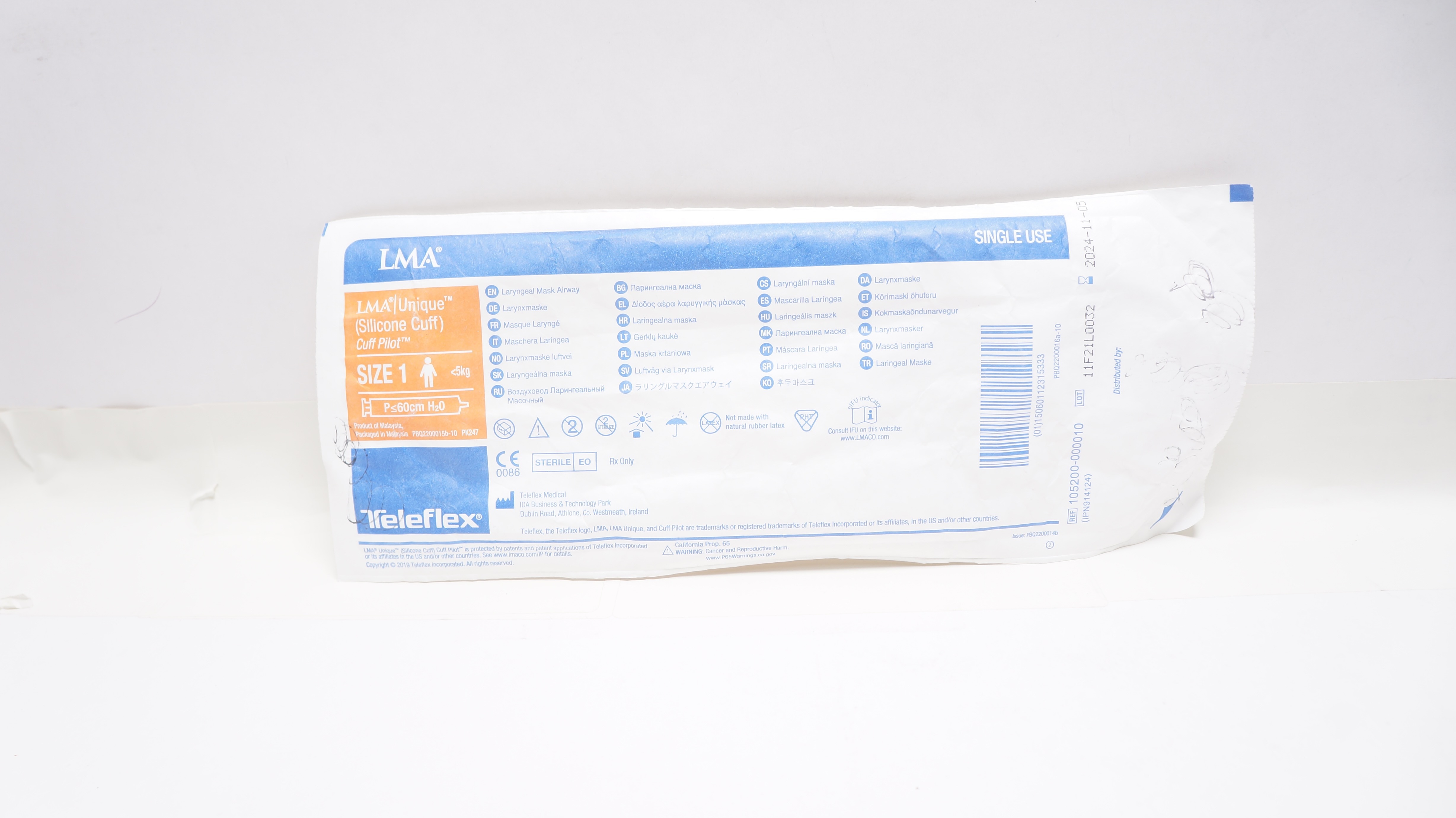 Teleflex 105200-000010 LMA Unique Laryngeal Mask Airway Size 1 <5kg P≤60cm H2O