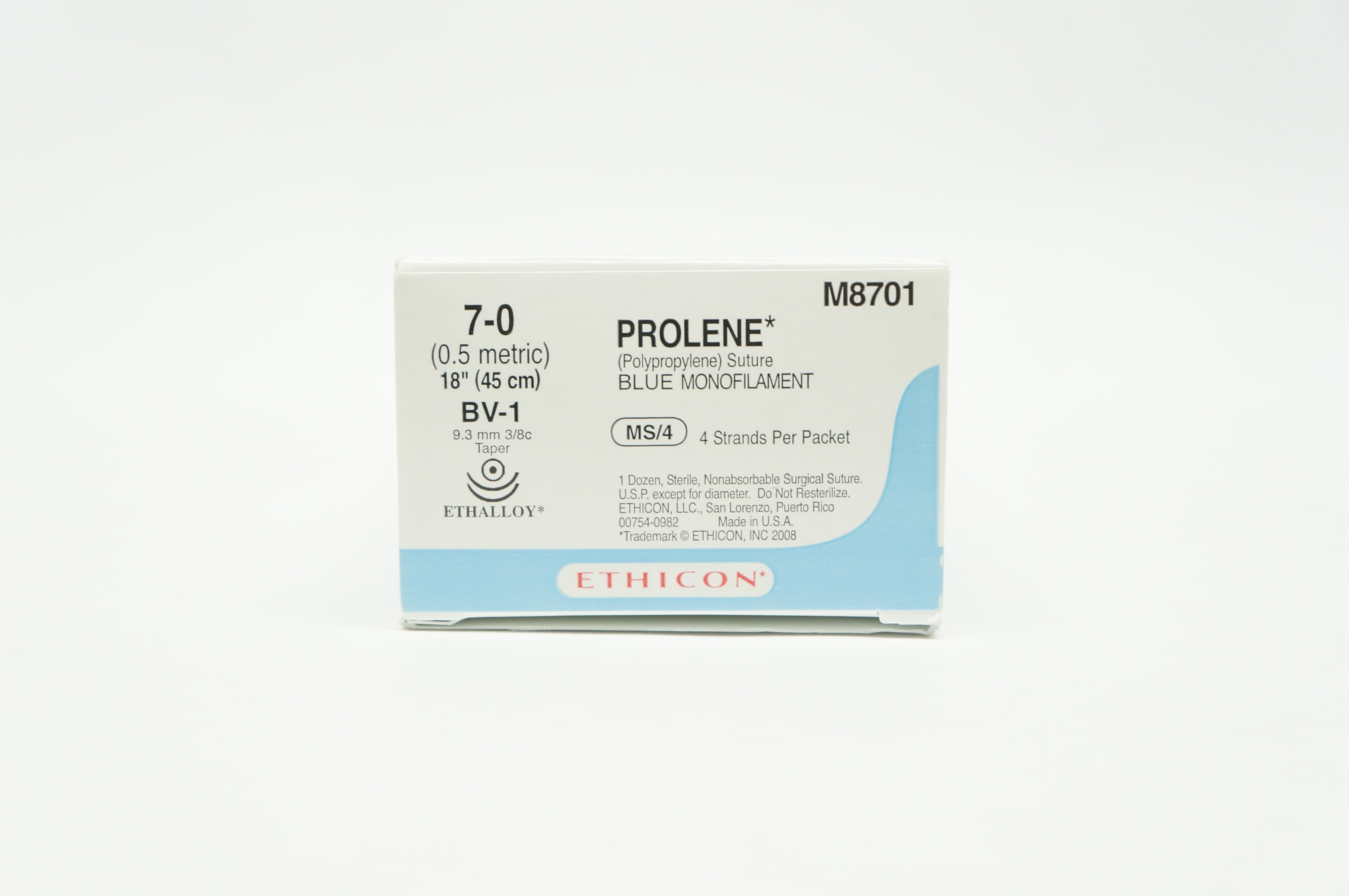 Ethicon M8701 7-0 Prolene BV-1 9.3mm 3/8c Taper, 18inch (x) - Box of 12