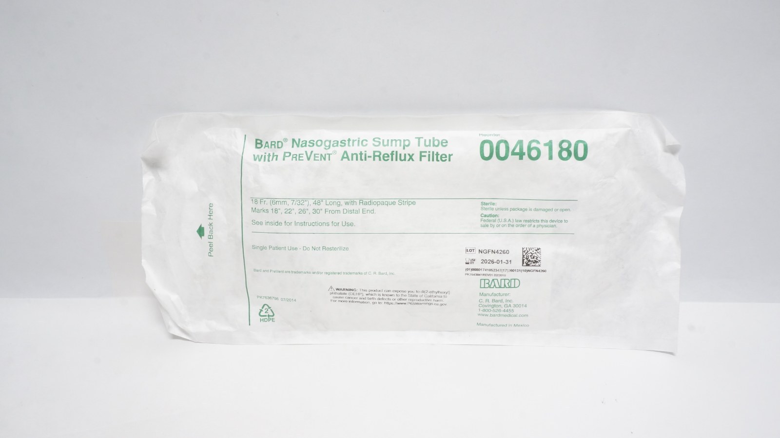 Bard 0046180 Nasogastric Sump Tube with PreVent Filter 18 Fr. 48"