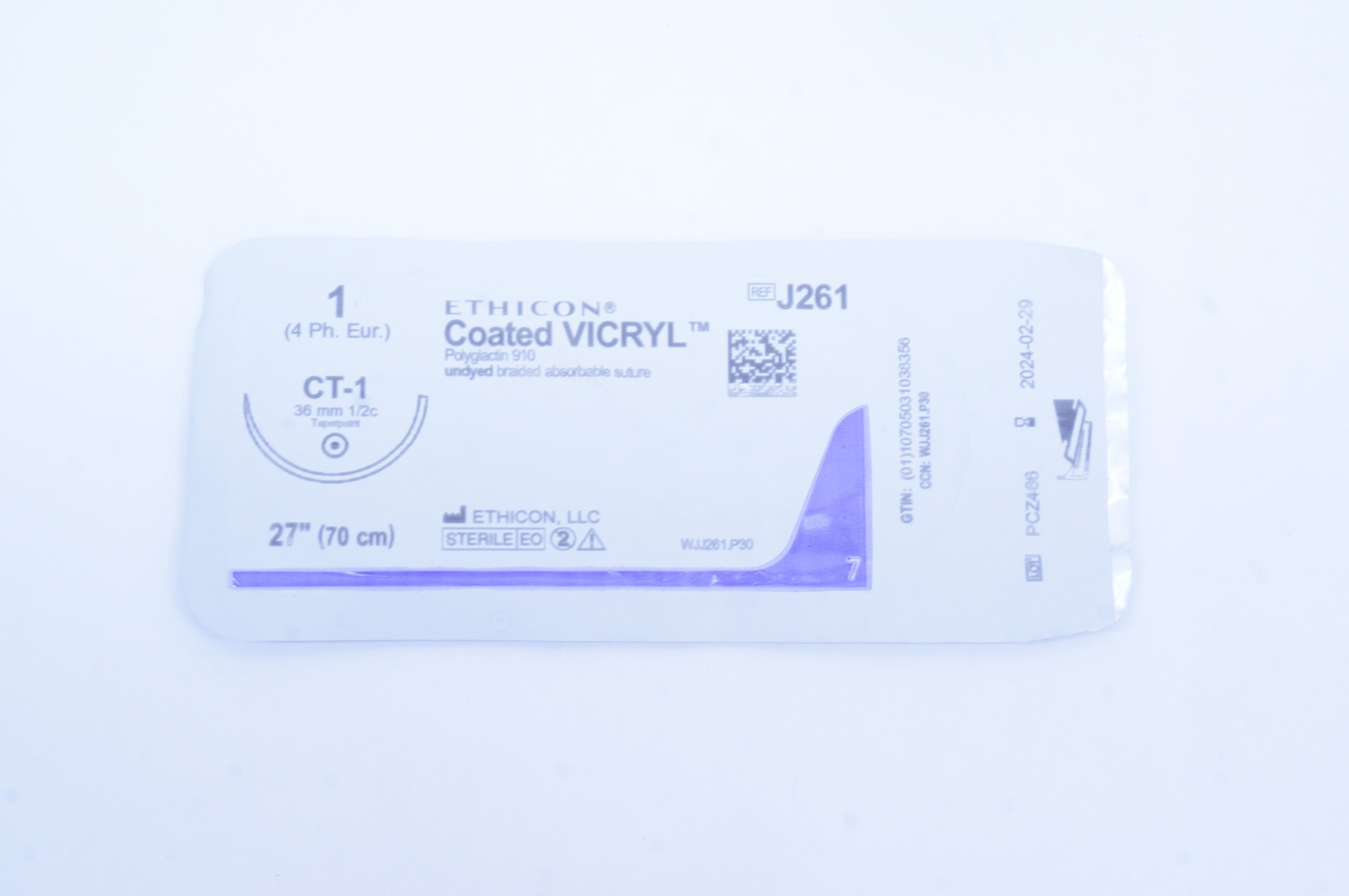 Ethicon J261 1 Coated VICRYL Stre, CT-1 36mm 1/2c Taperpoint, 27inch