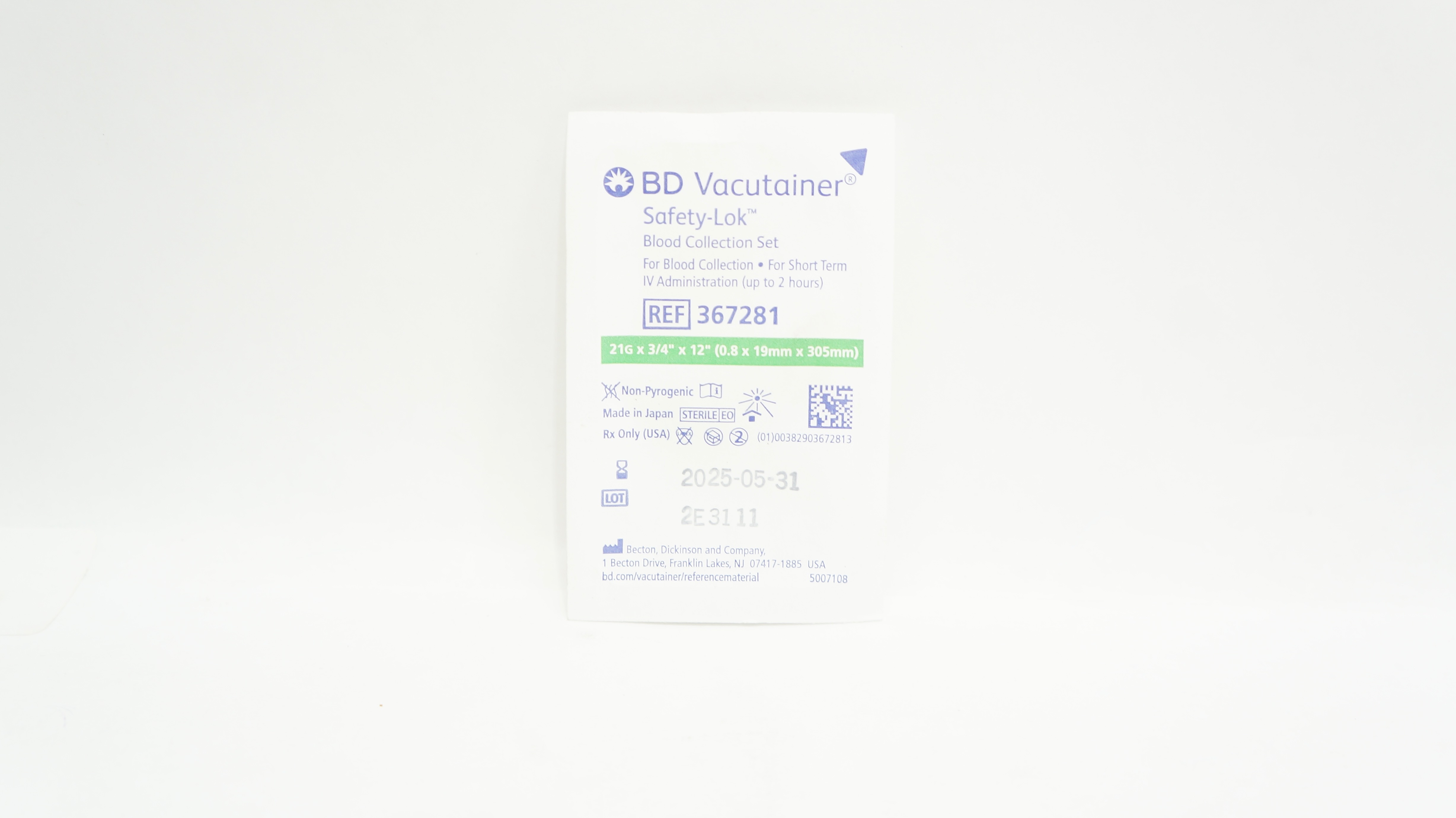 BD 367281 Vacutainer Safety-Lok Blood Collection Set 21G x 3/4inch x 12inch