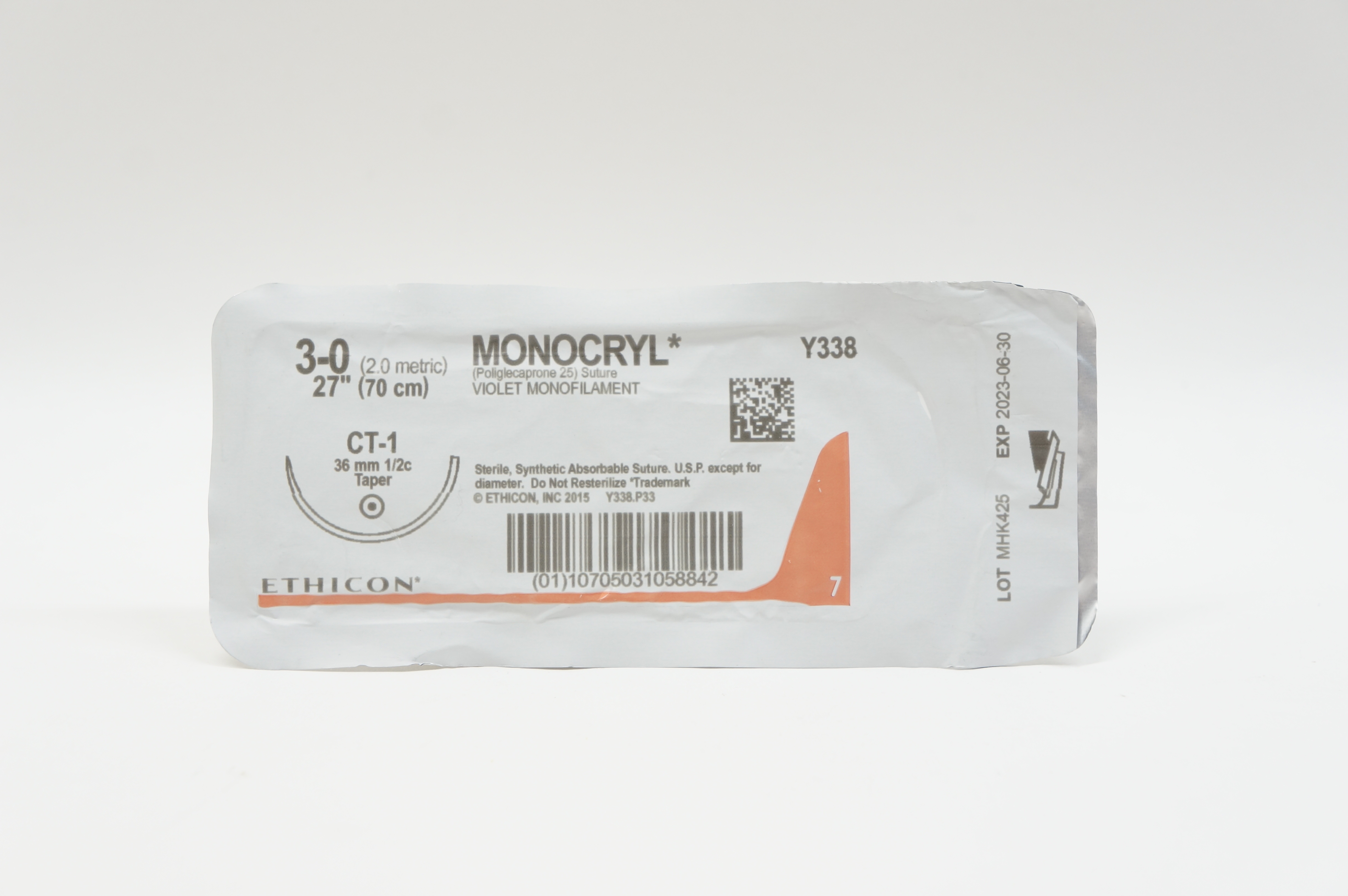 Ethicon Y338 3-0 MONOCRYL, CT-1, 36mm 1/2c Taper, 27inch