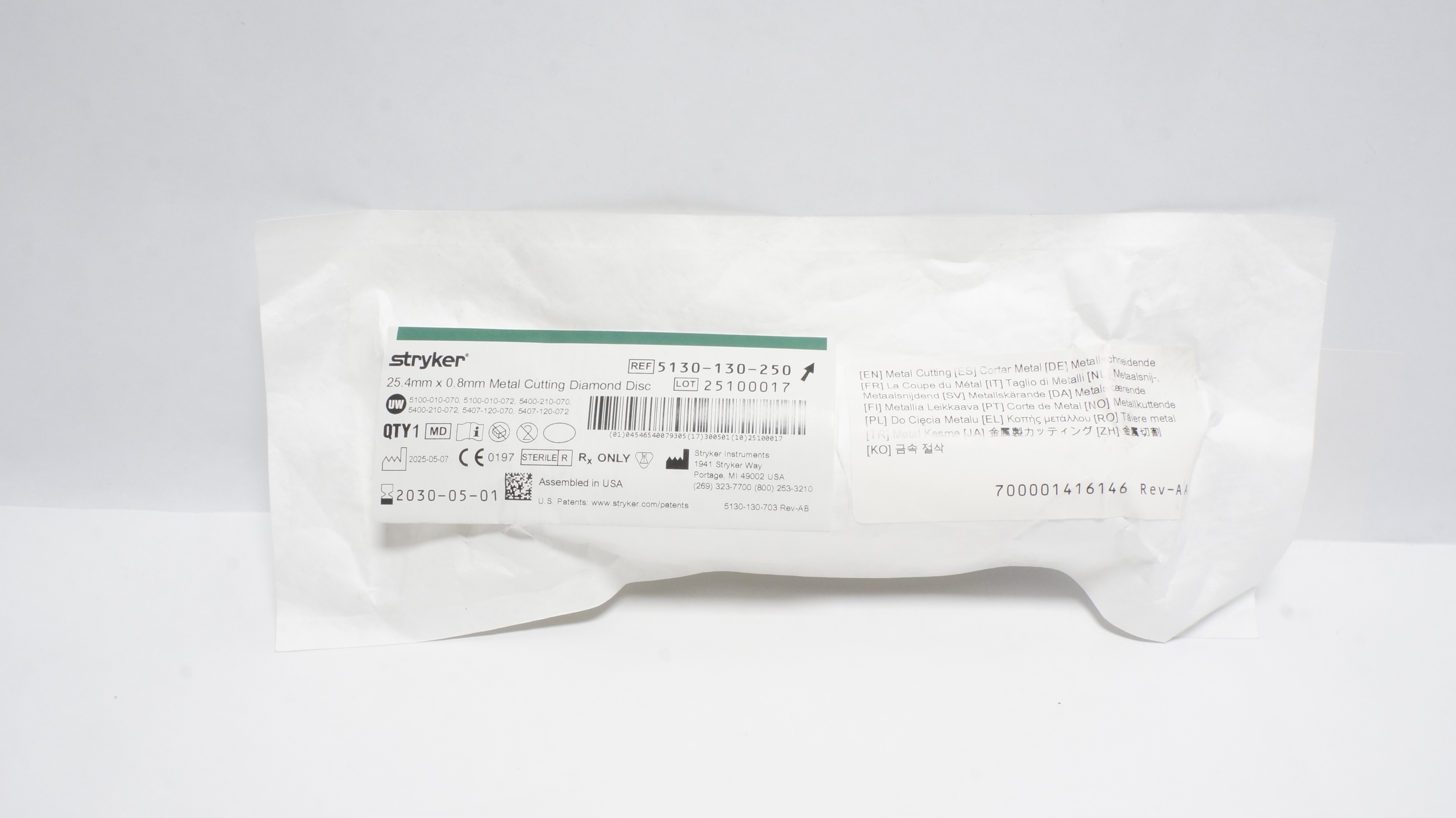 Stryker 5130-130-250 Metal Cutting Diamond Disc, Long 25.4mm x 0.8mm