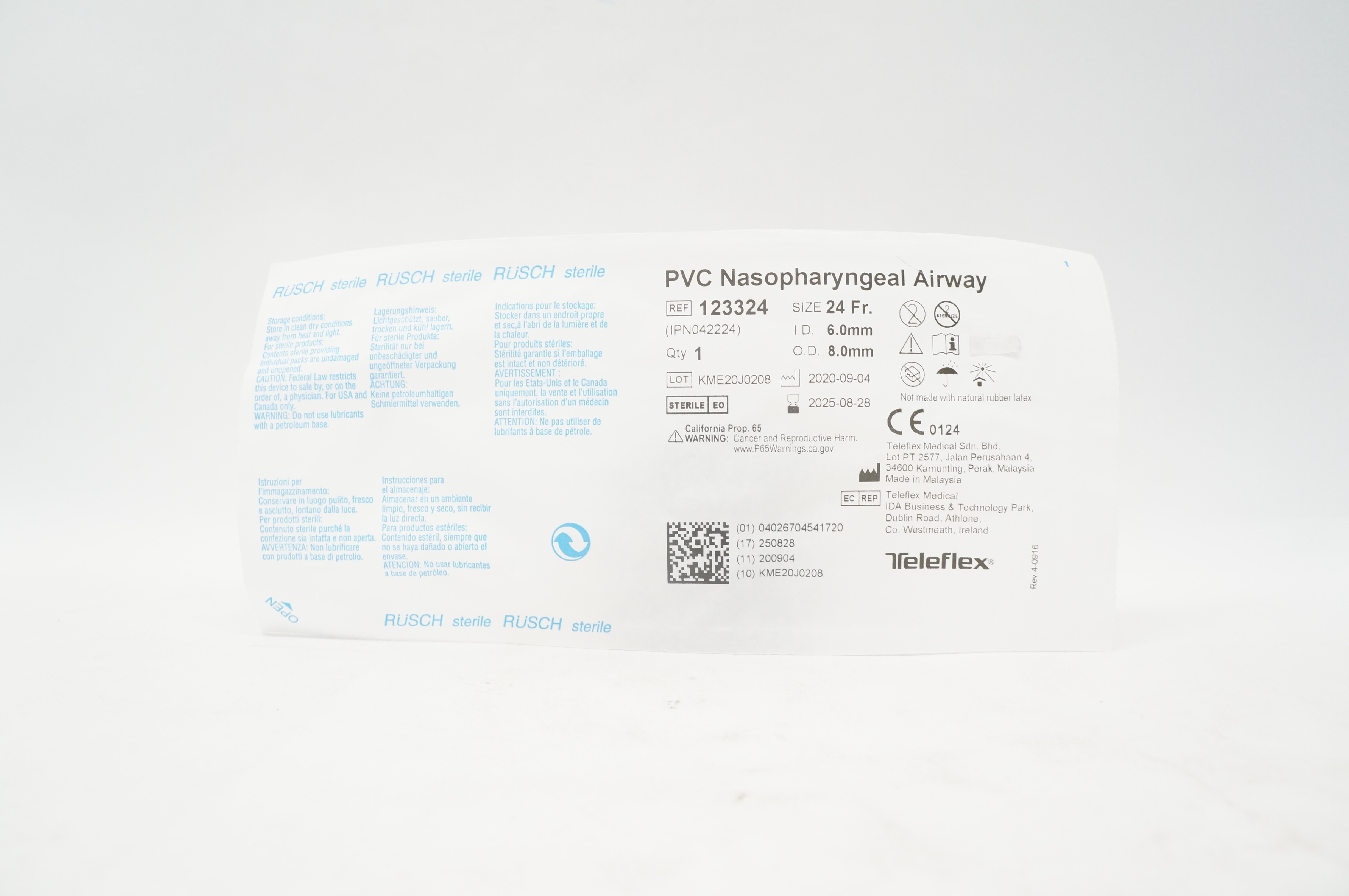 Teleflex 123324 Rusch PVC Nasopharyngeal Airway 24 Fr x 6.0mm ID x 8.0mm OD