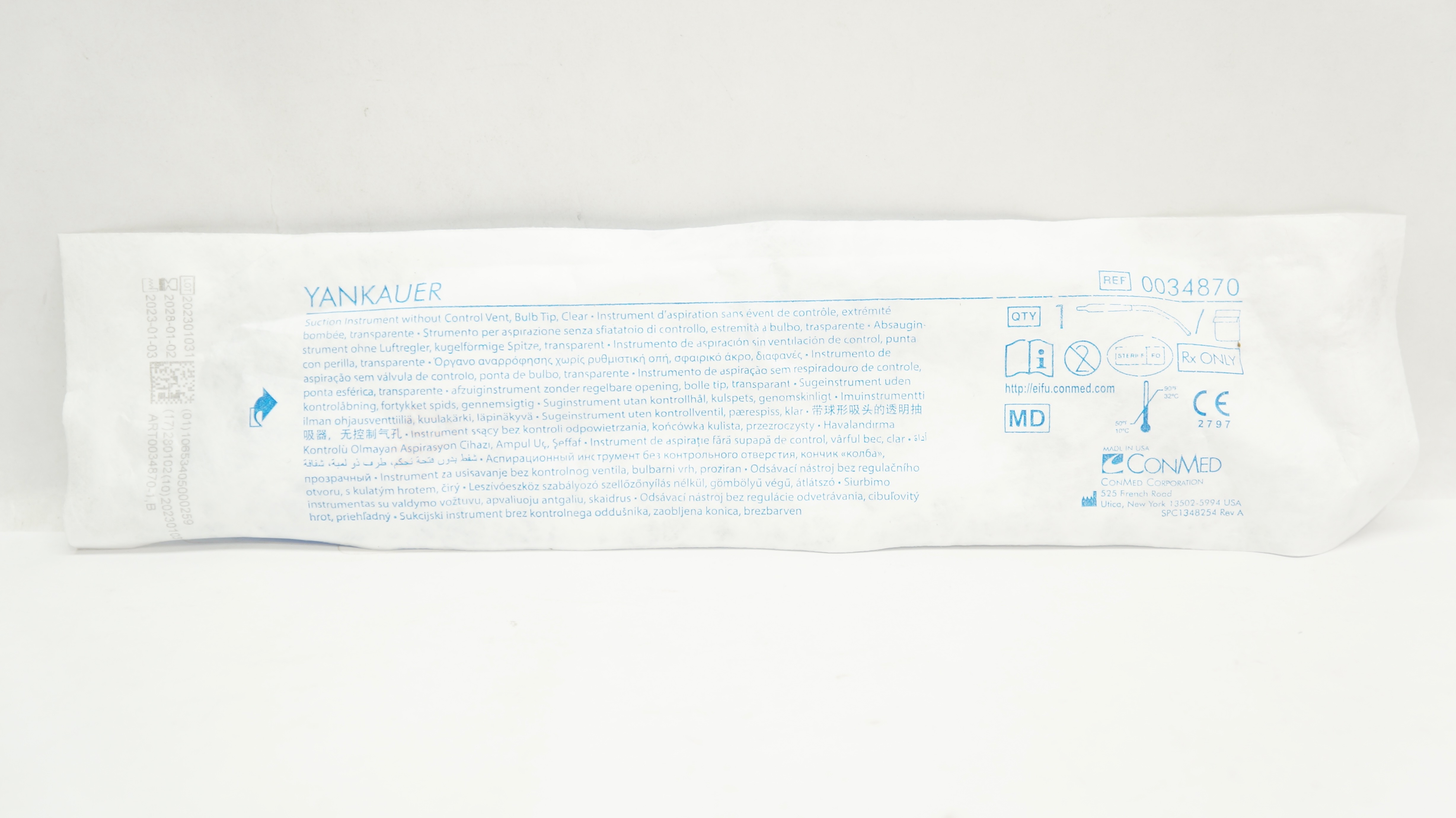 ConMed 0034870 Yankauer Suction Instrument without Control Vent, Bulb Tip, Clear