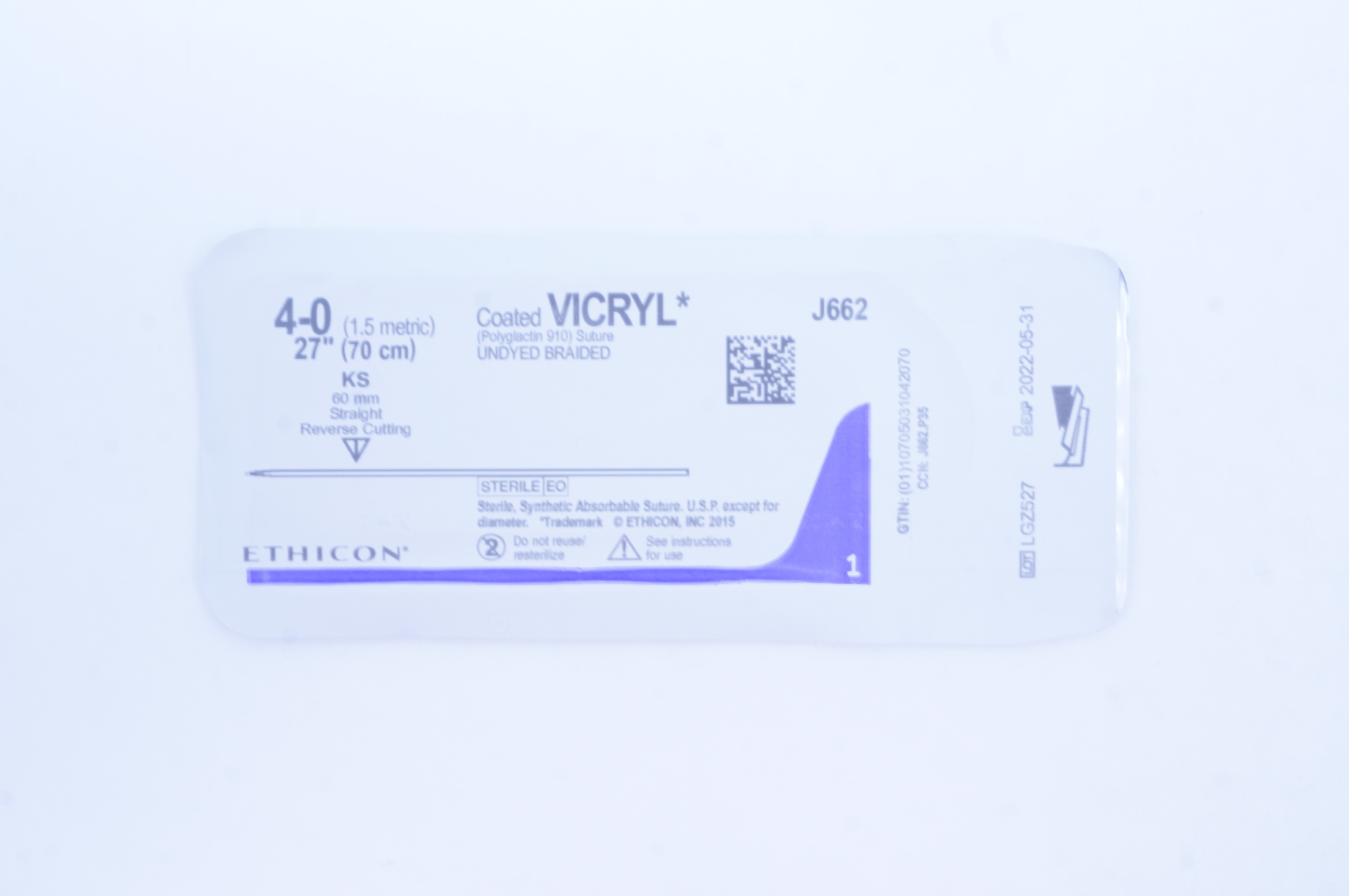 Ethicon J662 4-0 Coated VICRYL KS 60mm Straight Reverse Cutting, 27inch