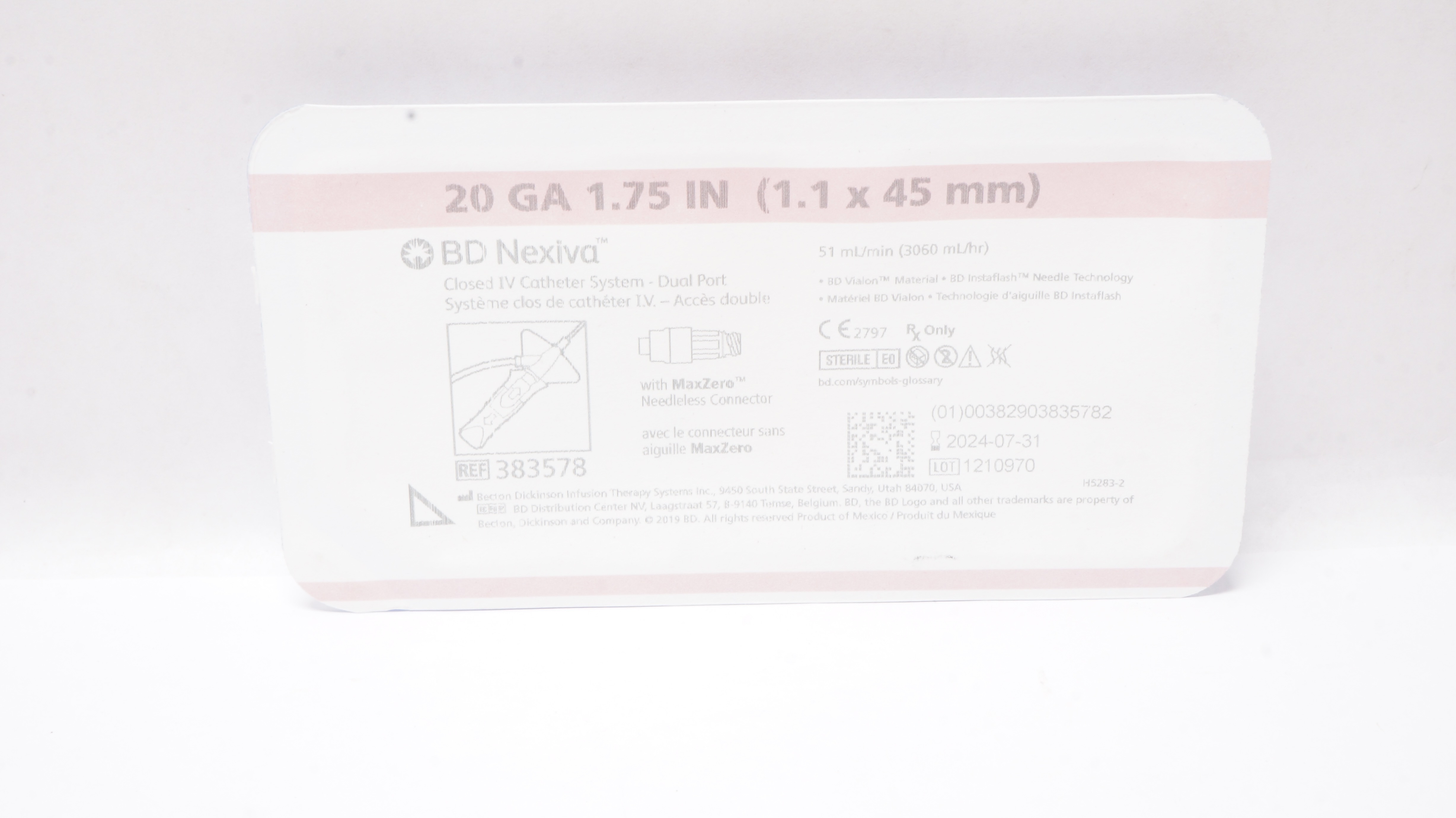 BD 383578 Nexivia Closed IV Catheter System 20GA 1.75In
