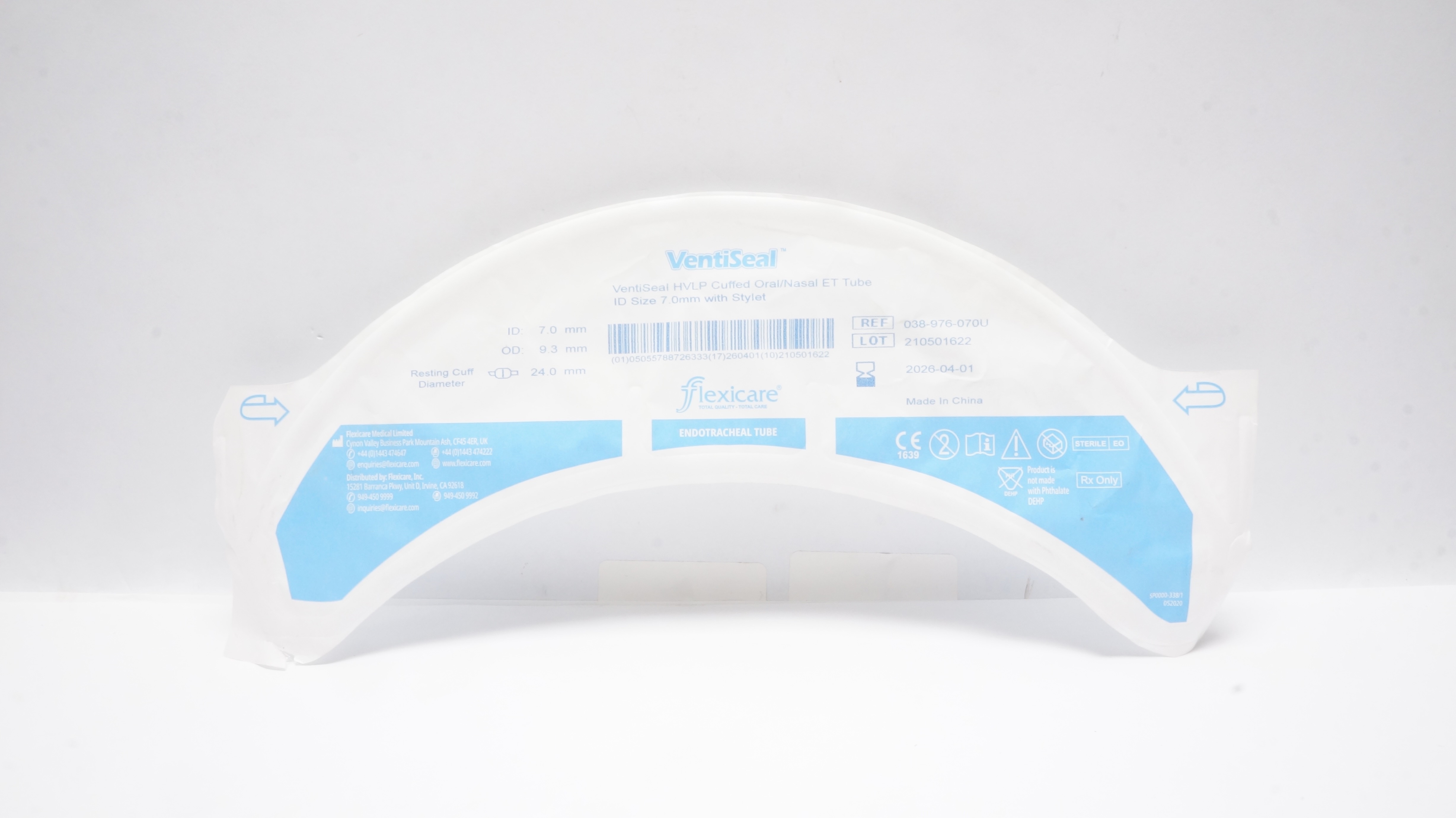 Flexicare 038-976-070U VentiSeal Endotracheal Tube 7.0mm ID x 9.3mm OD