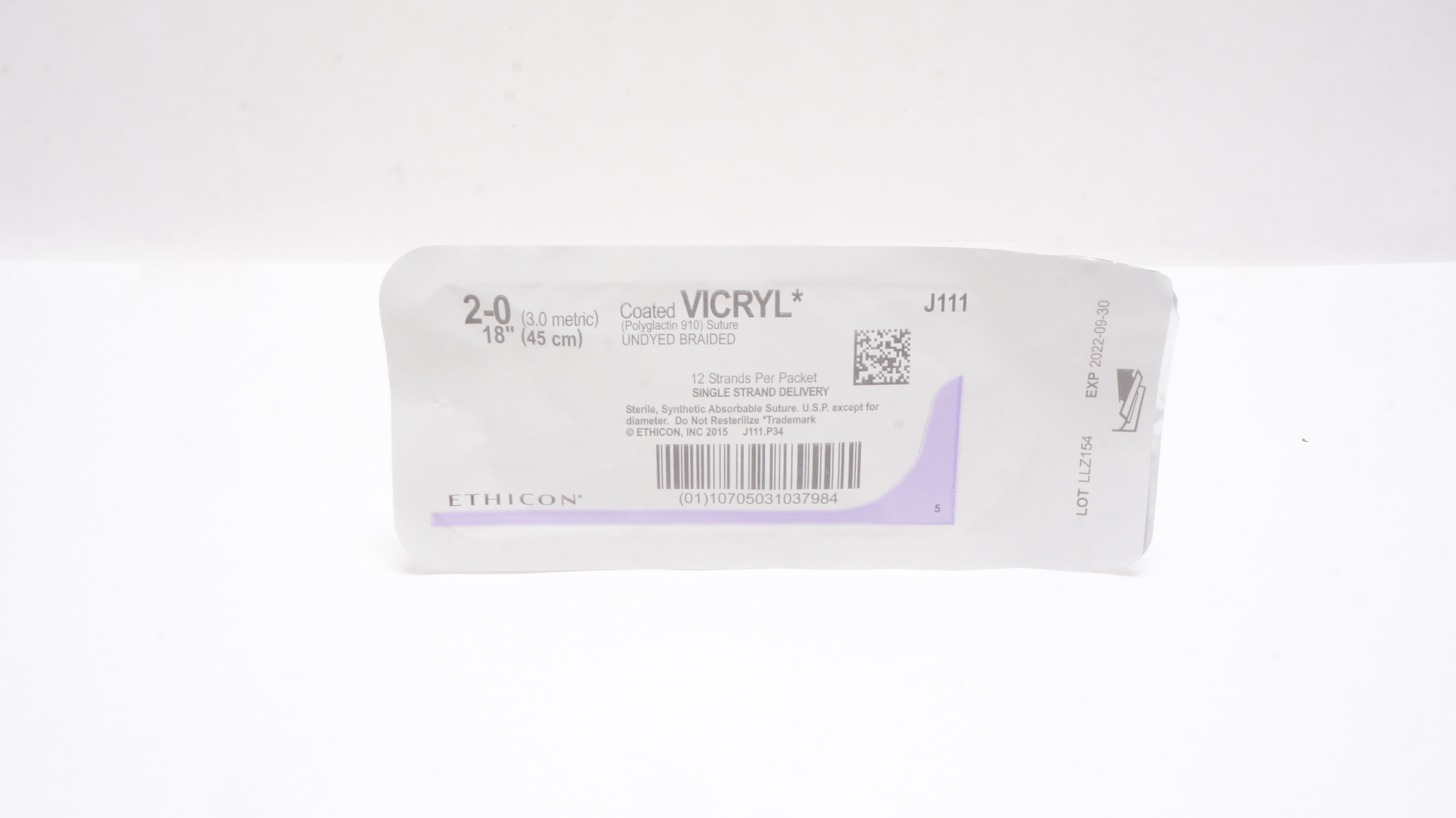 Ethicon J111 2-0 Coated VICRYL Polyglactin 910 Undyed Braided 18inch (x)