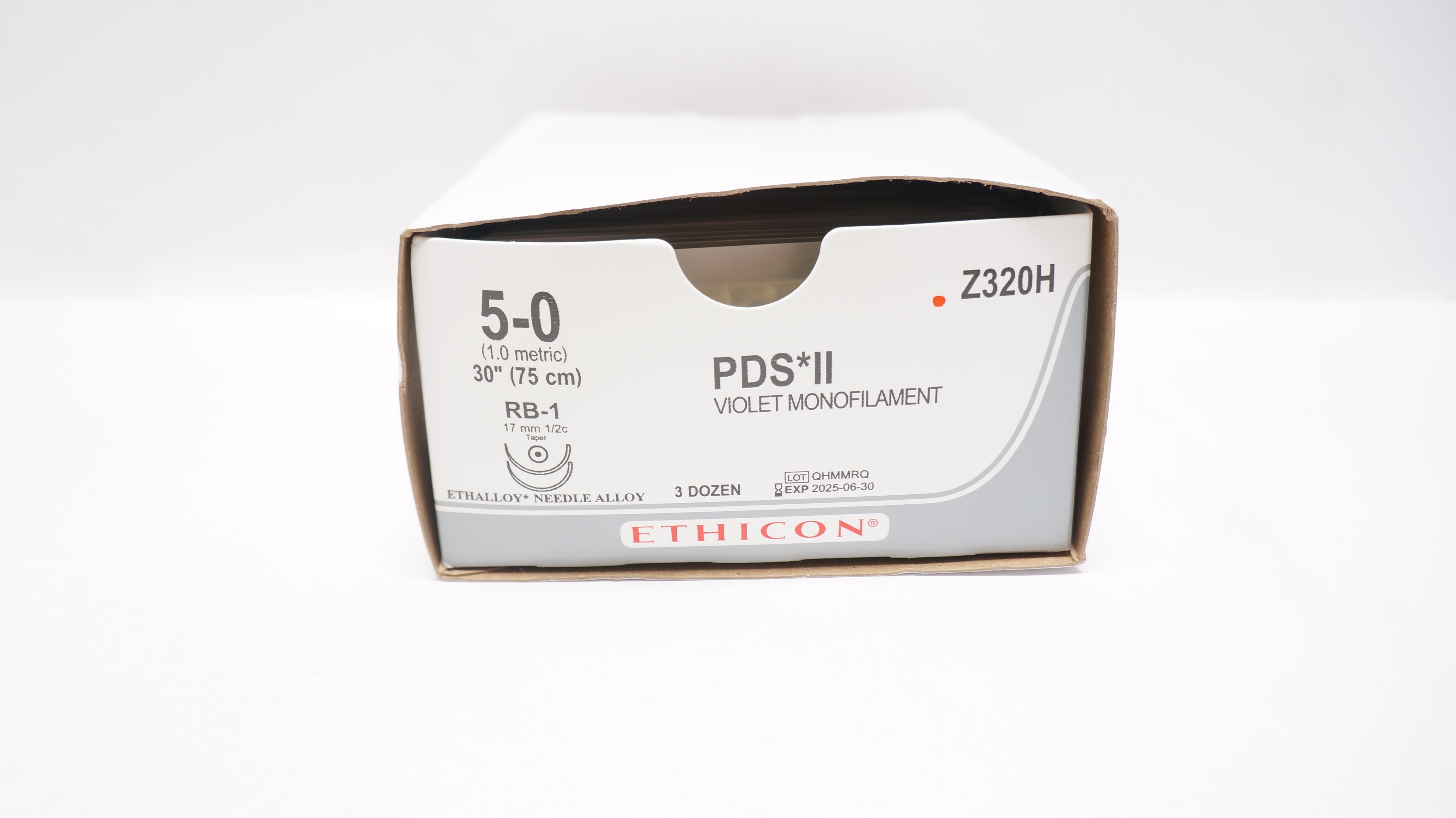 Ethicon Z320H 5-0 30in PDS II Violet Monofilament RB-1 17mm 1/2c Tap-Box of 36