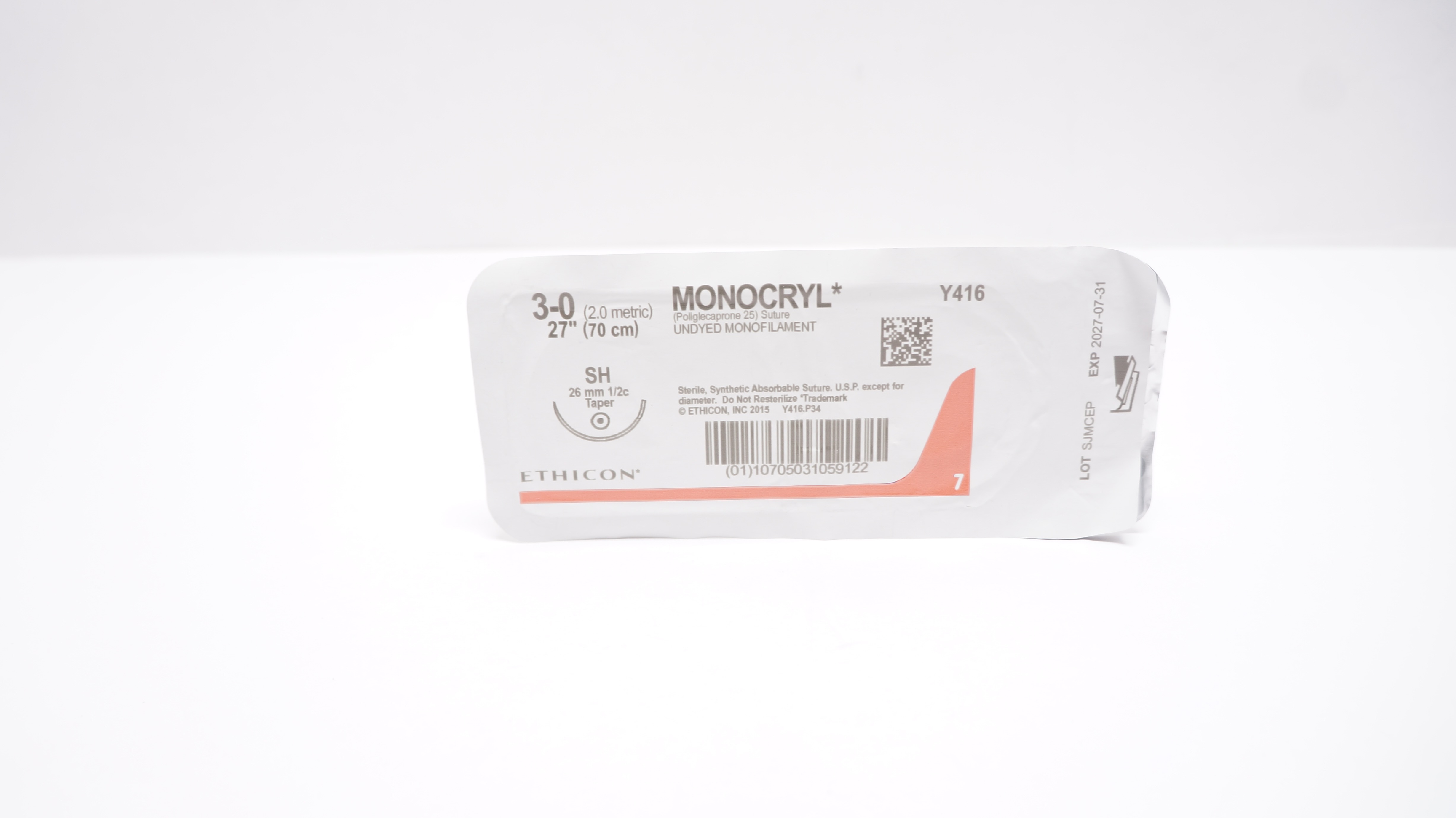 Ethicon Y416 3-0 Monocryl Undyed Monofilament, SH, 26mm 1/2c Taper, 27inch