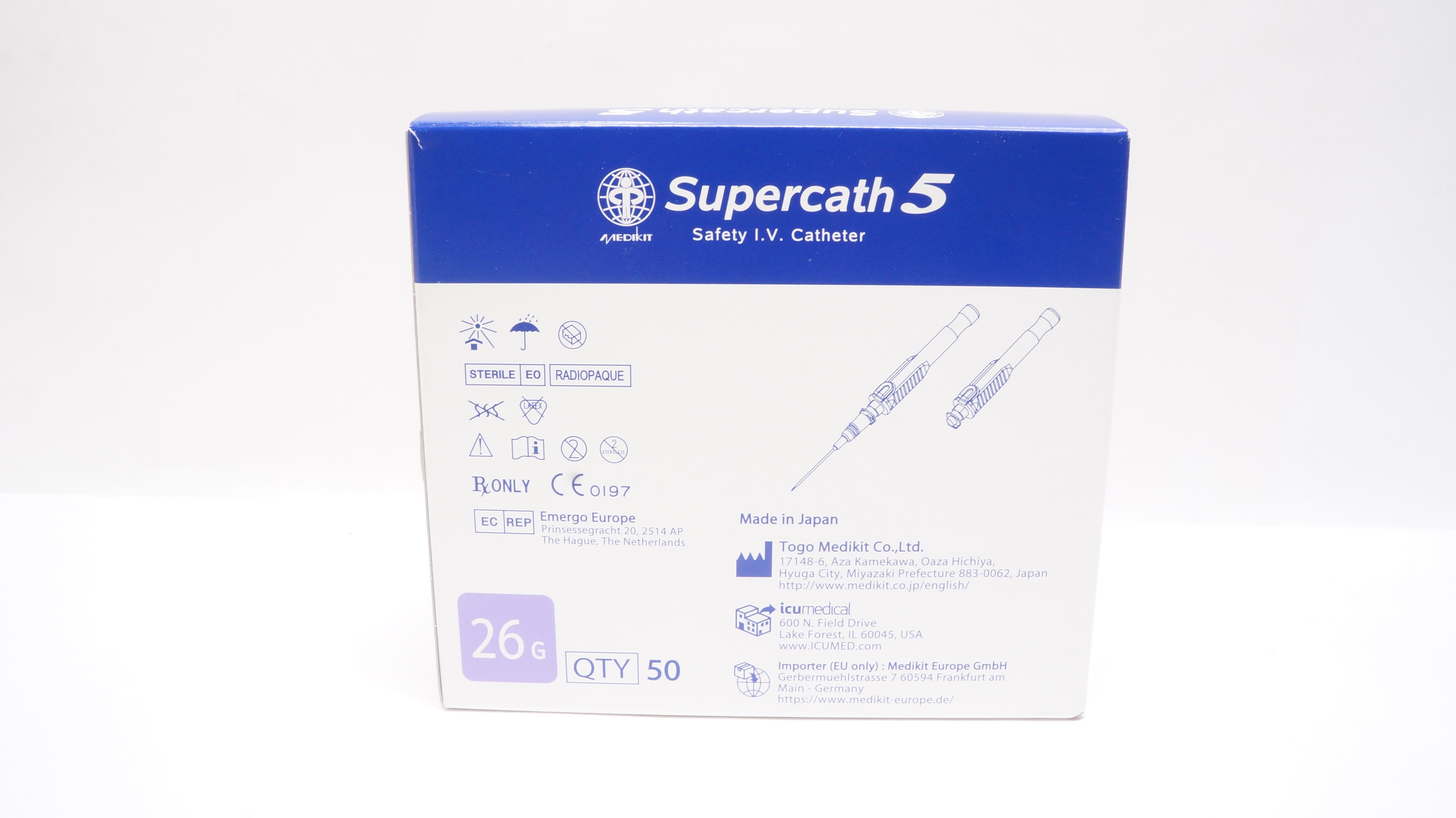 ICU Medical SP125-26-14T Supercath 5 Safety I.V. Cath. 26G x 0.56inch- Box of 50