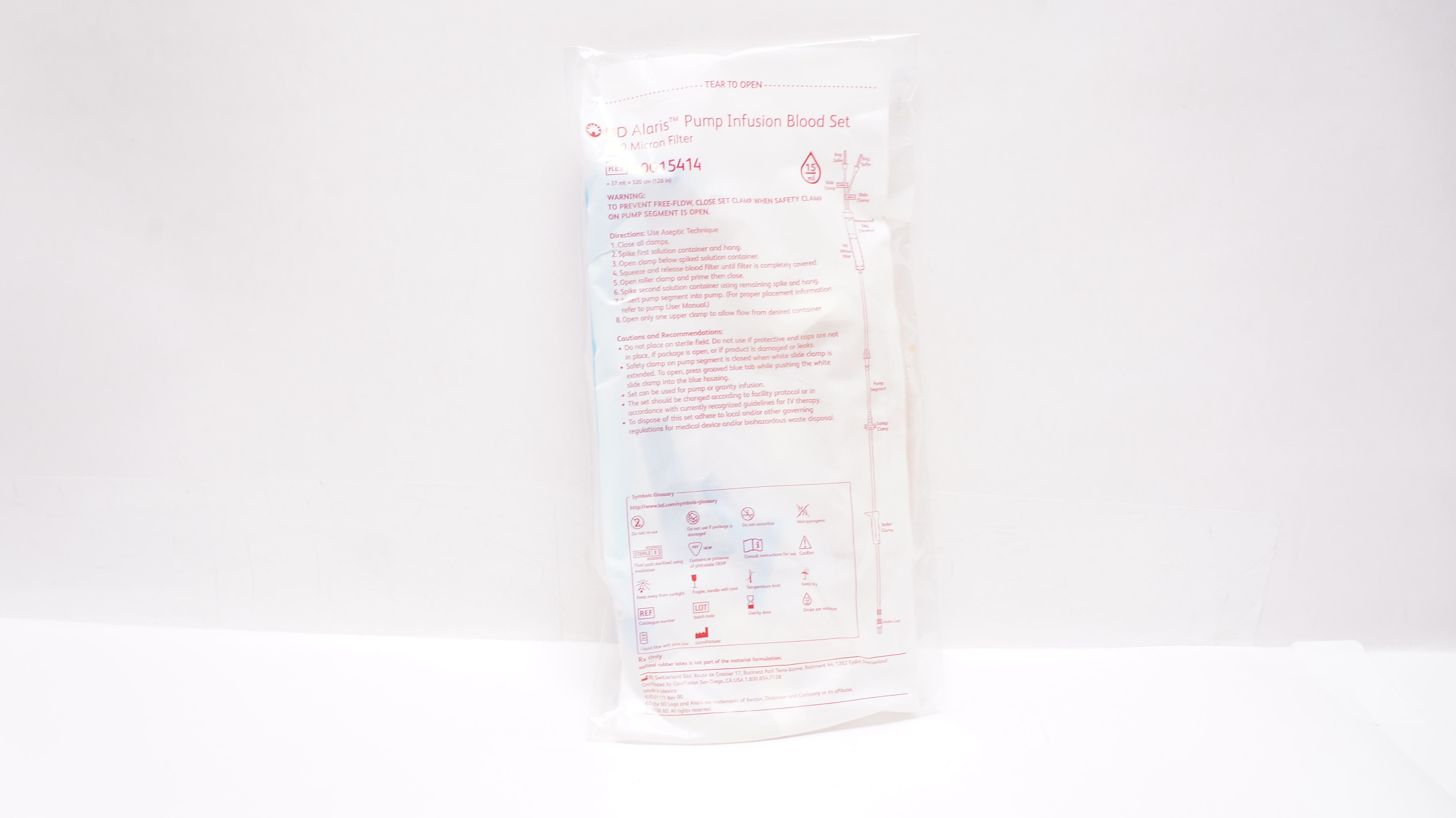 BD 10015414 Alaris Pump Infusion Blood Set 180 Micron Filter 37ml x 126inch 15mL