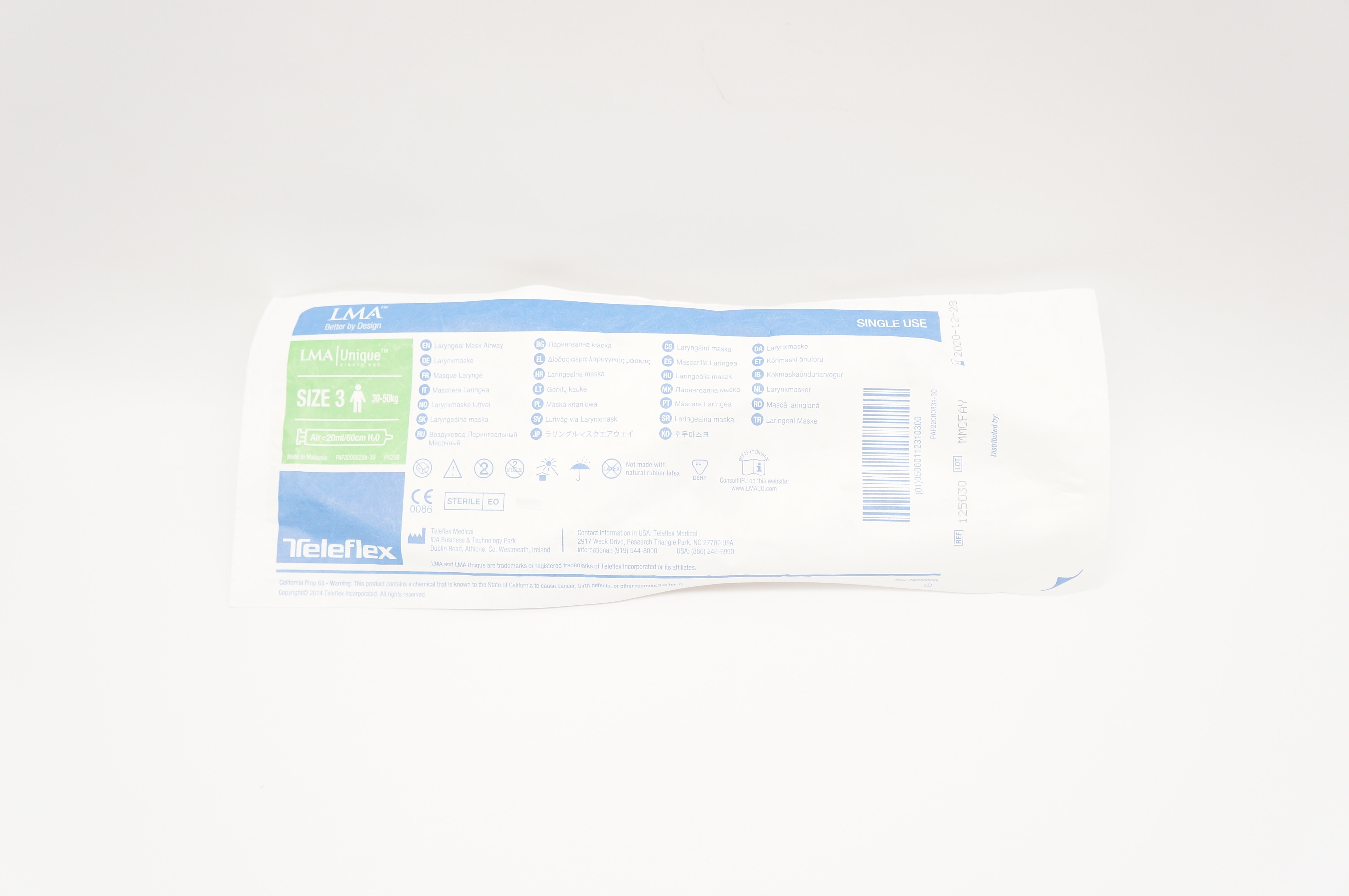 Teleflex 125030 LMA Laryngeal Mask Airway, Size 3, 30-50kg (x)