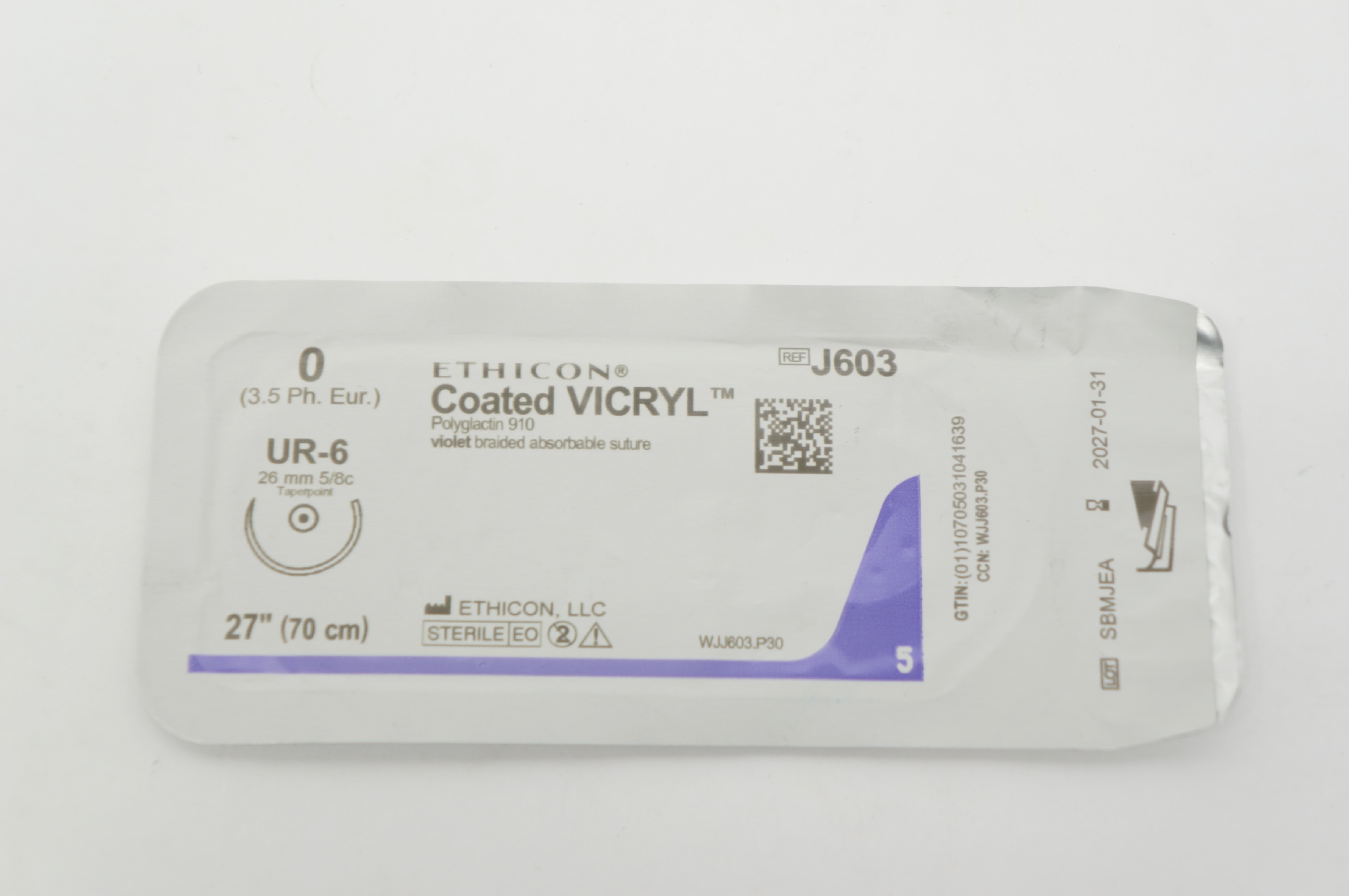 Ethicon J603 0 Coated VICRYL, UR-6, 26mm 5/8c Taperpoint, 27inch