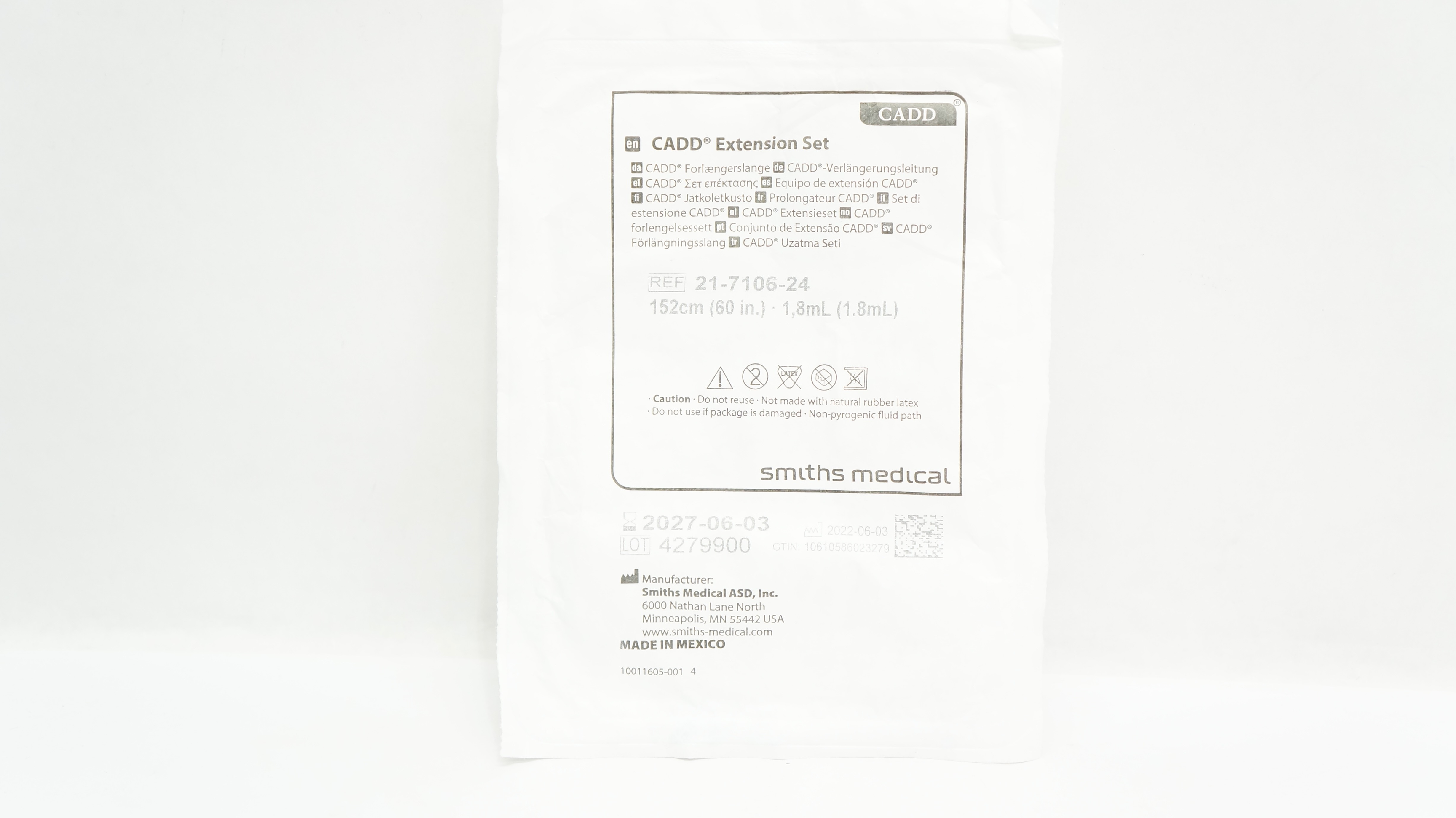 Smiths Medical 21-7106-24 CADD Extension Set 60 inch x 1.8 mL
