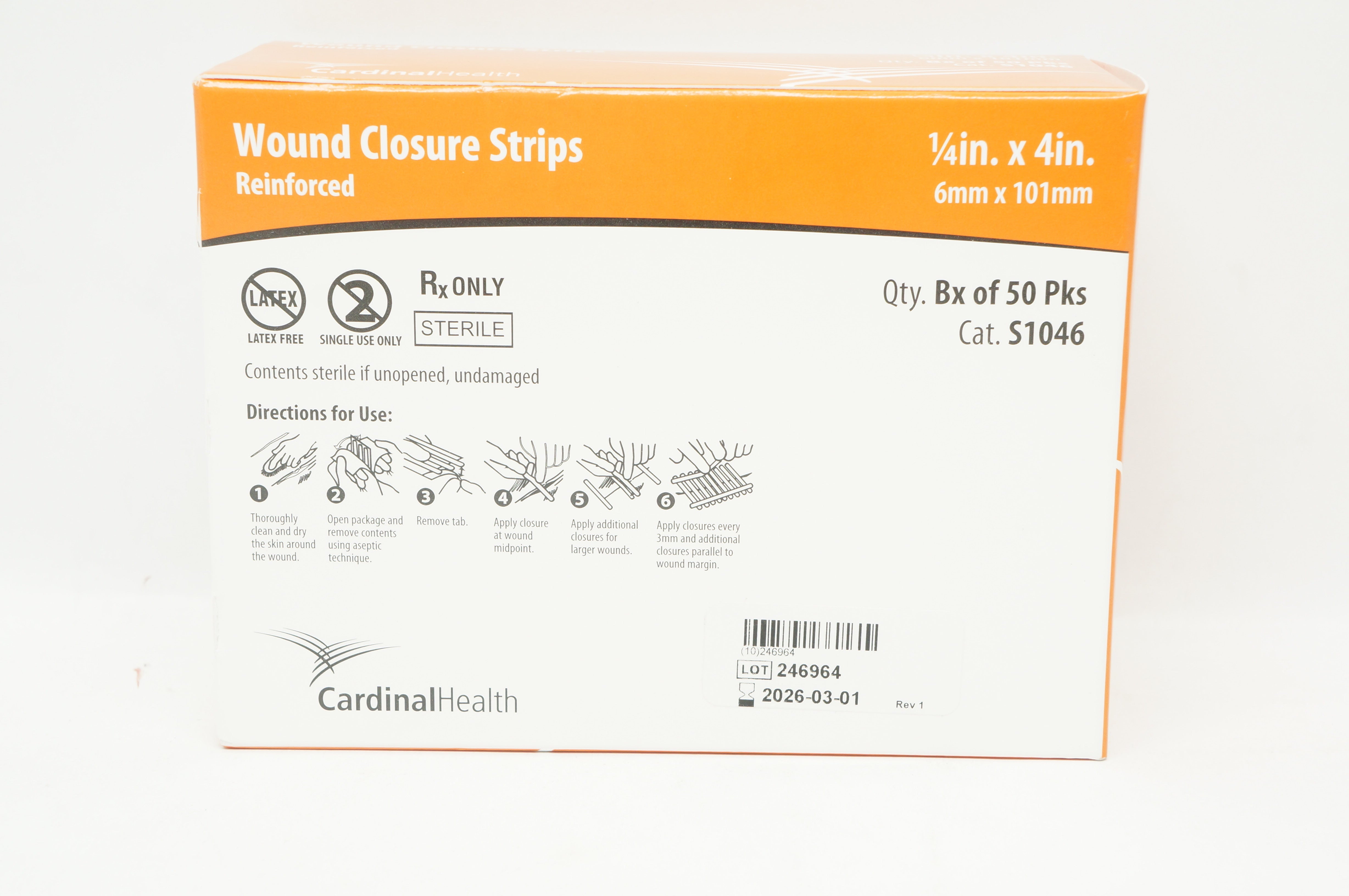 Cardinal Health S1046 Wound Closure Strips Reinforced 1/4 x 4inch - Box of 50