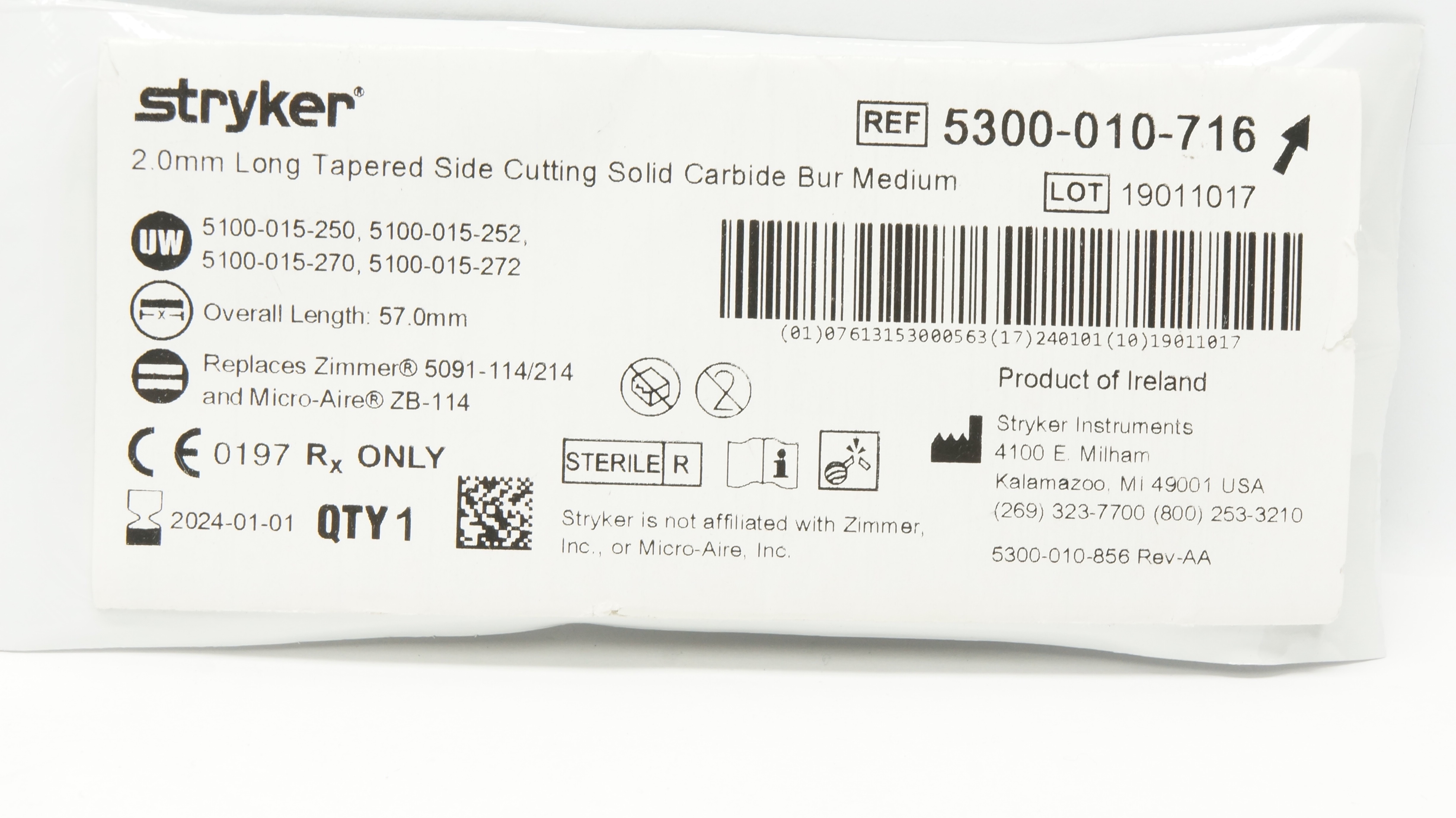 Stryker 5300-010-716 2.0mm Long Tapered Side Cutting Solid Carbide Bur Medium(x)