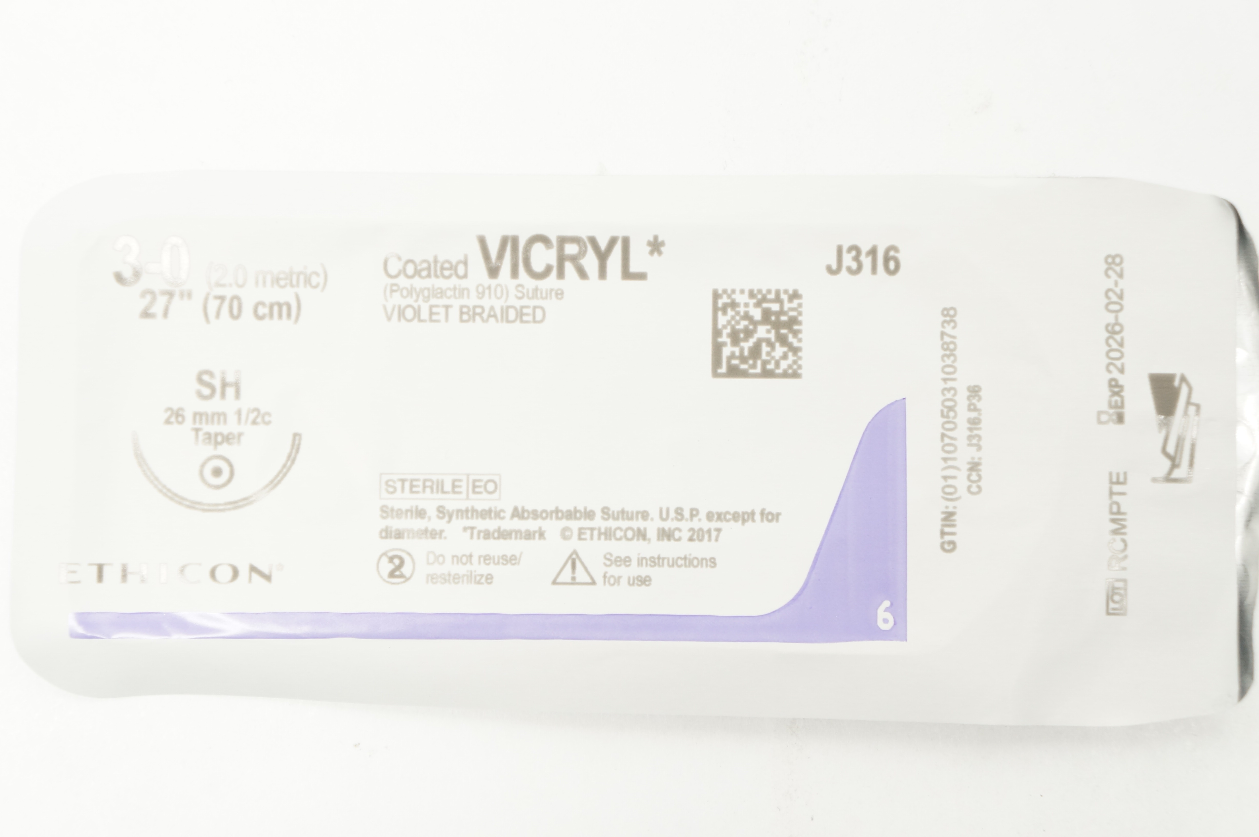 Ethicon J316 3-0 Coated VICRYL Polyglactin 910 Stre SH 26mm 1/2c Taper 27inch