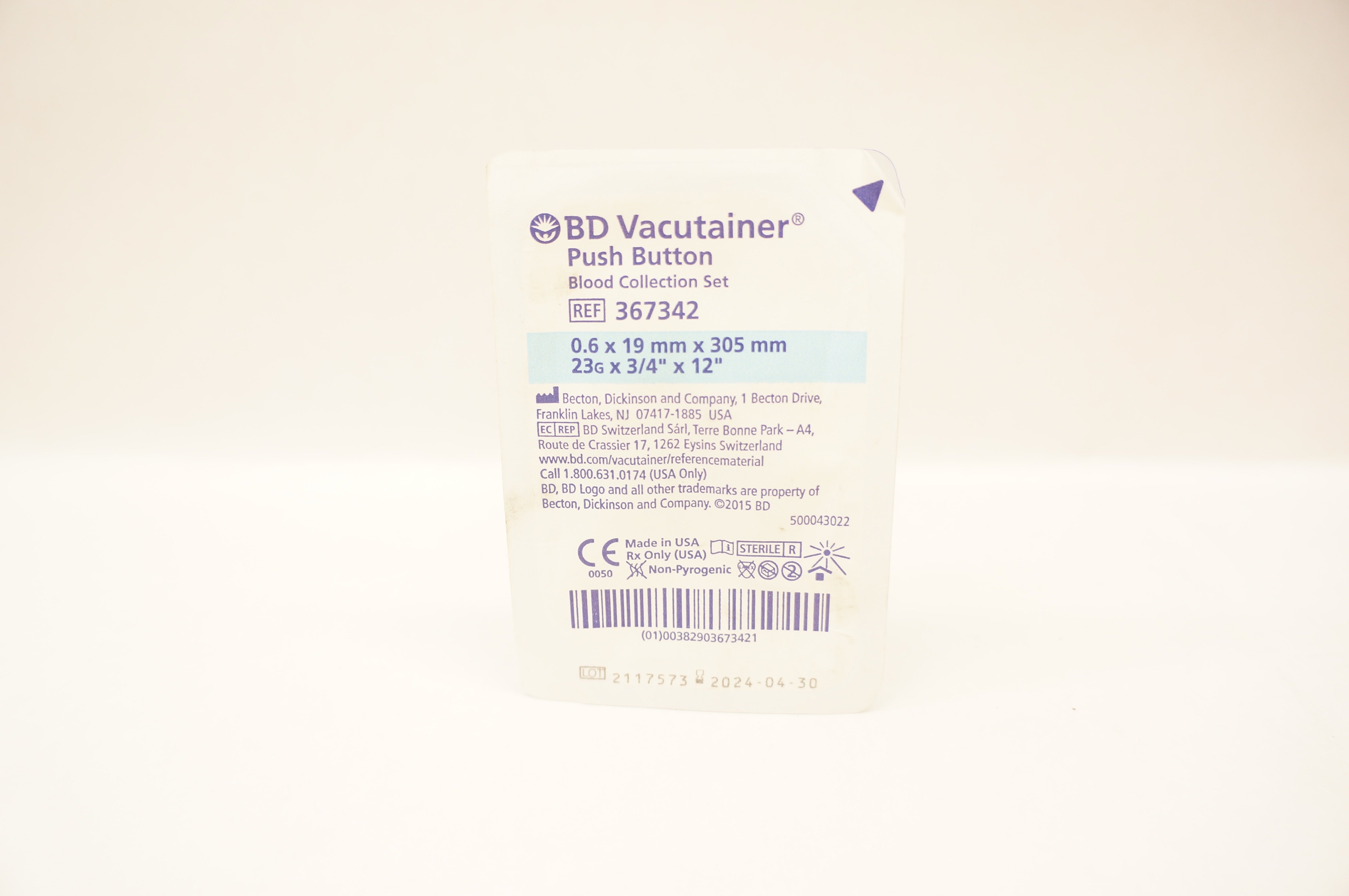 BD 367342 Vacutainer Push Button Blood Collection Set 23G x 3/4inch x 12inch