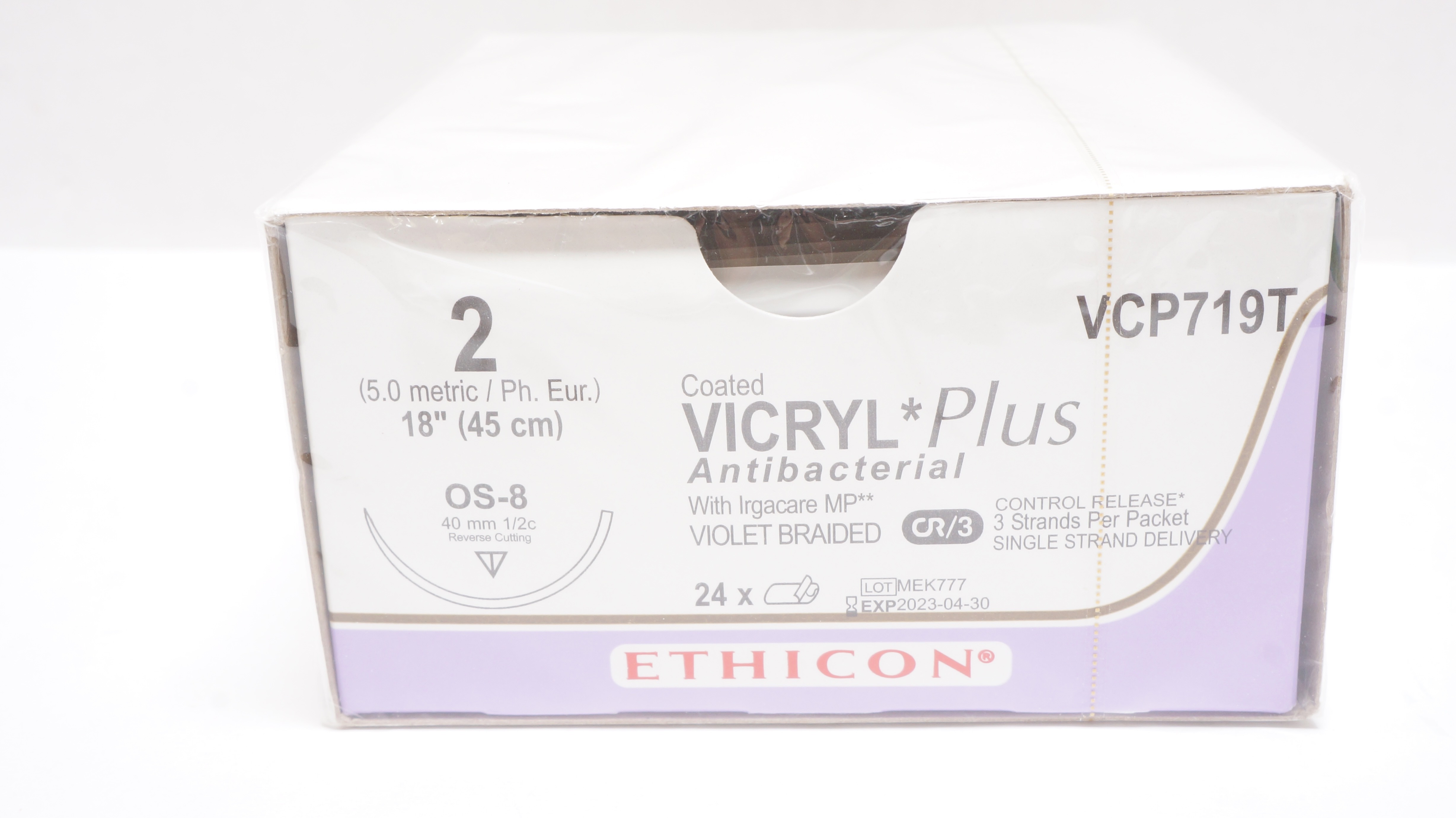 Ethicon VCP719T 2 Vicryl Stre OS-8 40mm 1/2c Reverse Cutting 18inch(x)-Box of 24