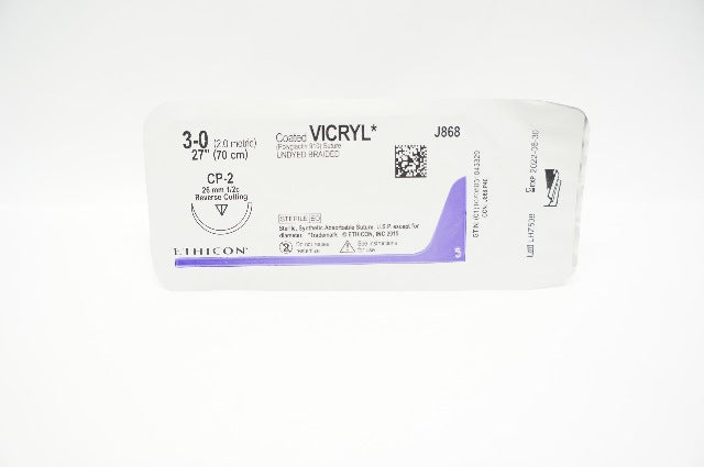 Ethicon J868 3-0 Coated VICRYL Stre CP-2, 26mm 1/2c Reverse Cutting, 27inch (x)