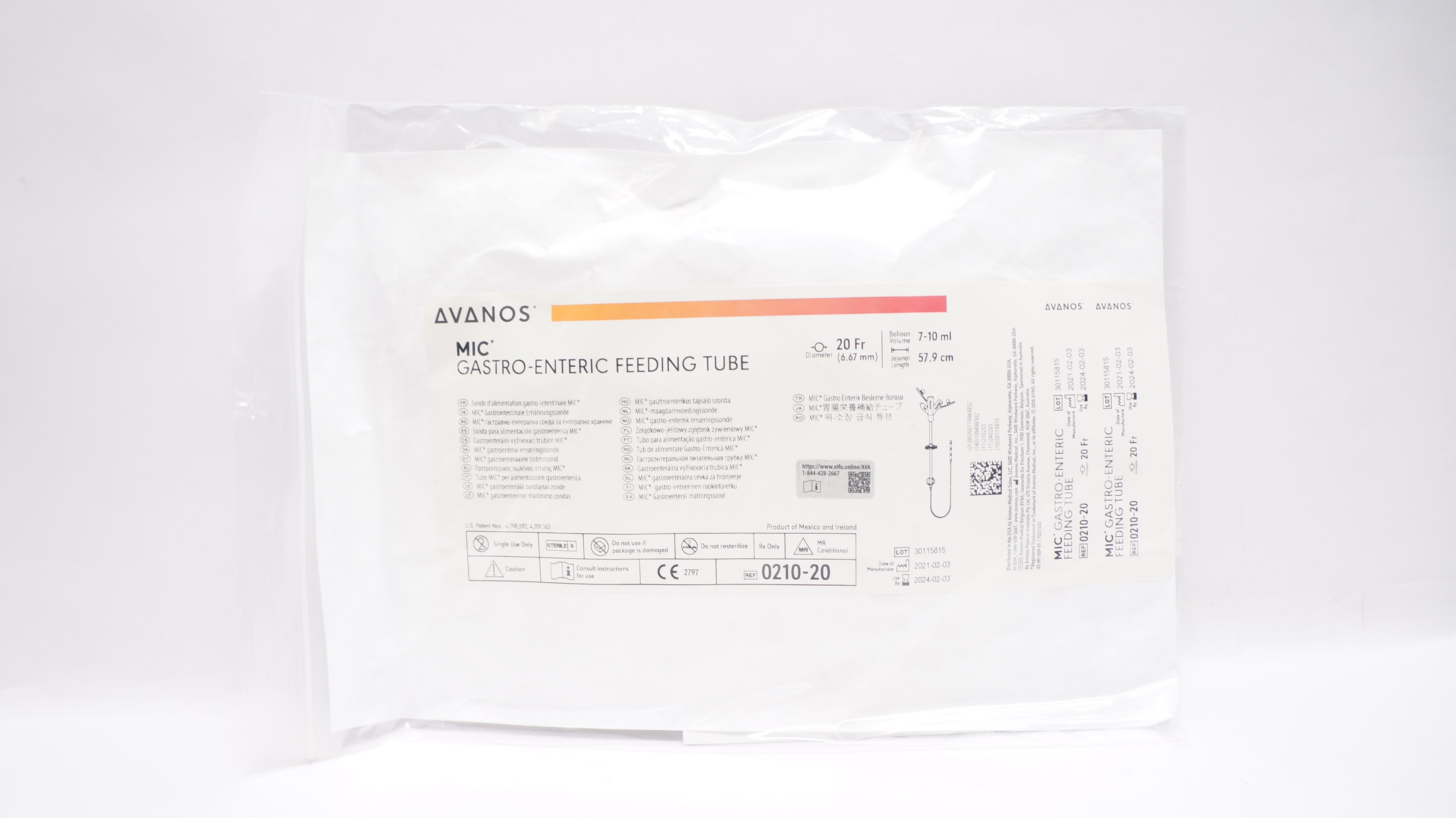 Avanos 0210-20 Mic Gastro-Enteric Feeding Tube 20Fr x 57.9cm 7-10ml