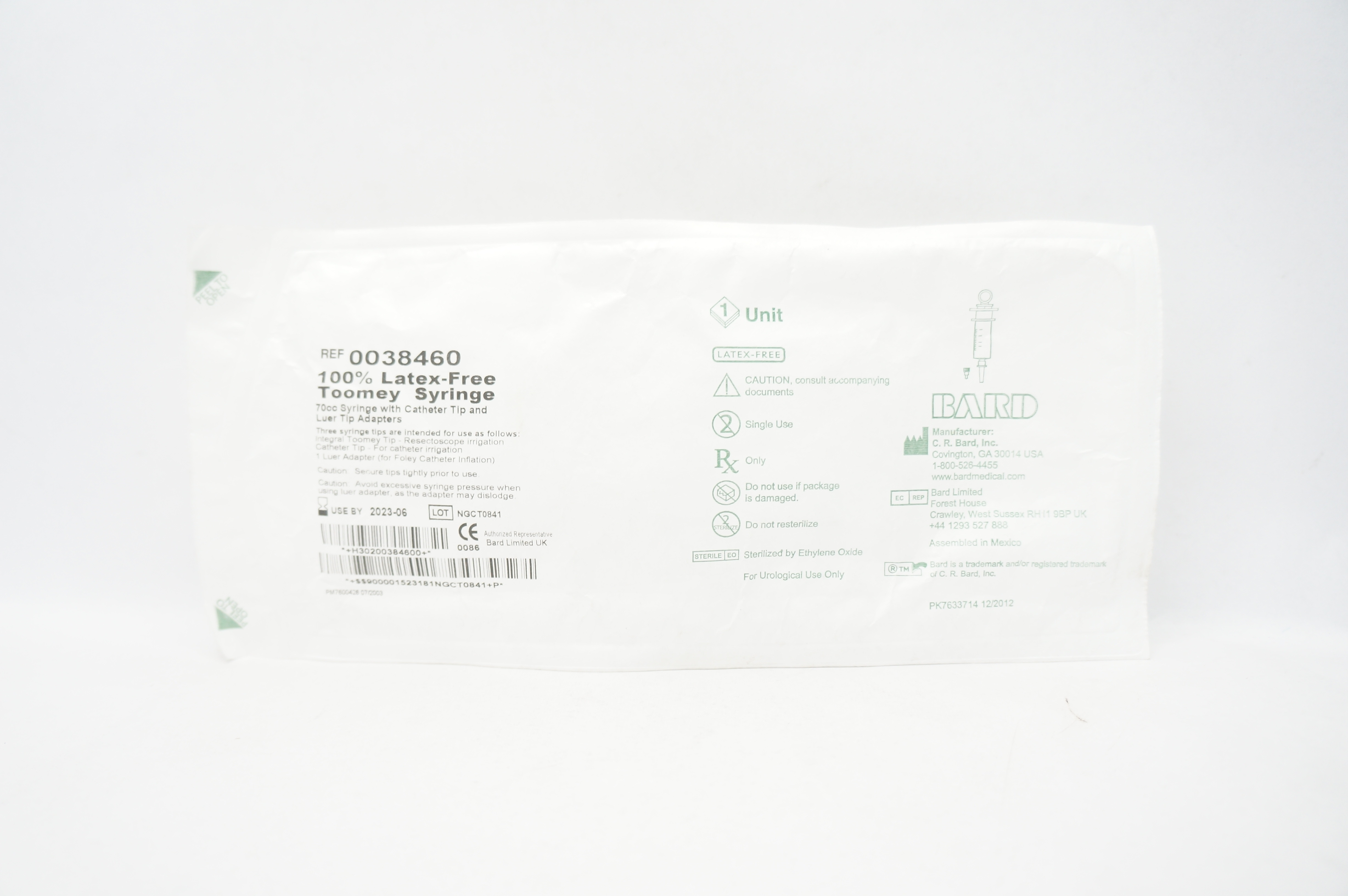Bard 0038460 Toomey Syringe 70cc With Cath. Tip & Luer Tip Adapters