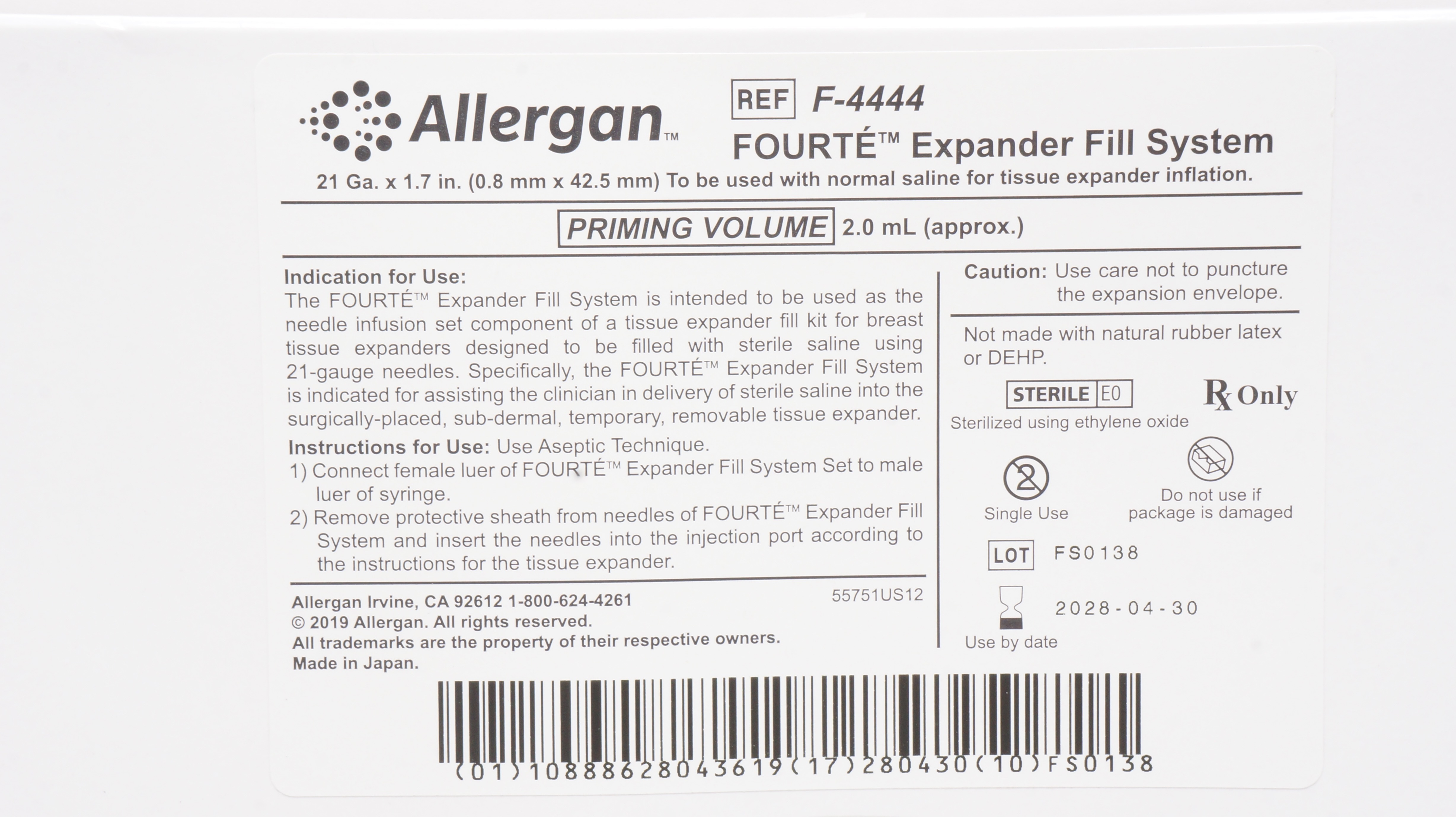 Allergan F-4444 Fourte Expander Fill System 21 Ga x 1.7inch Priming Vol. 2.0mL