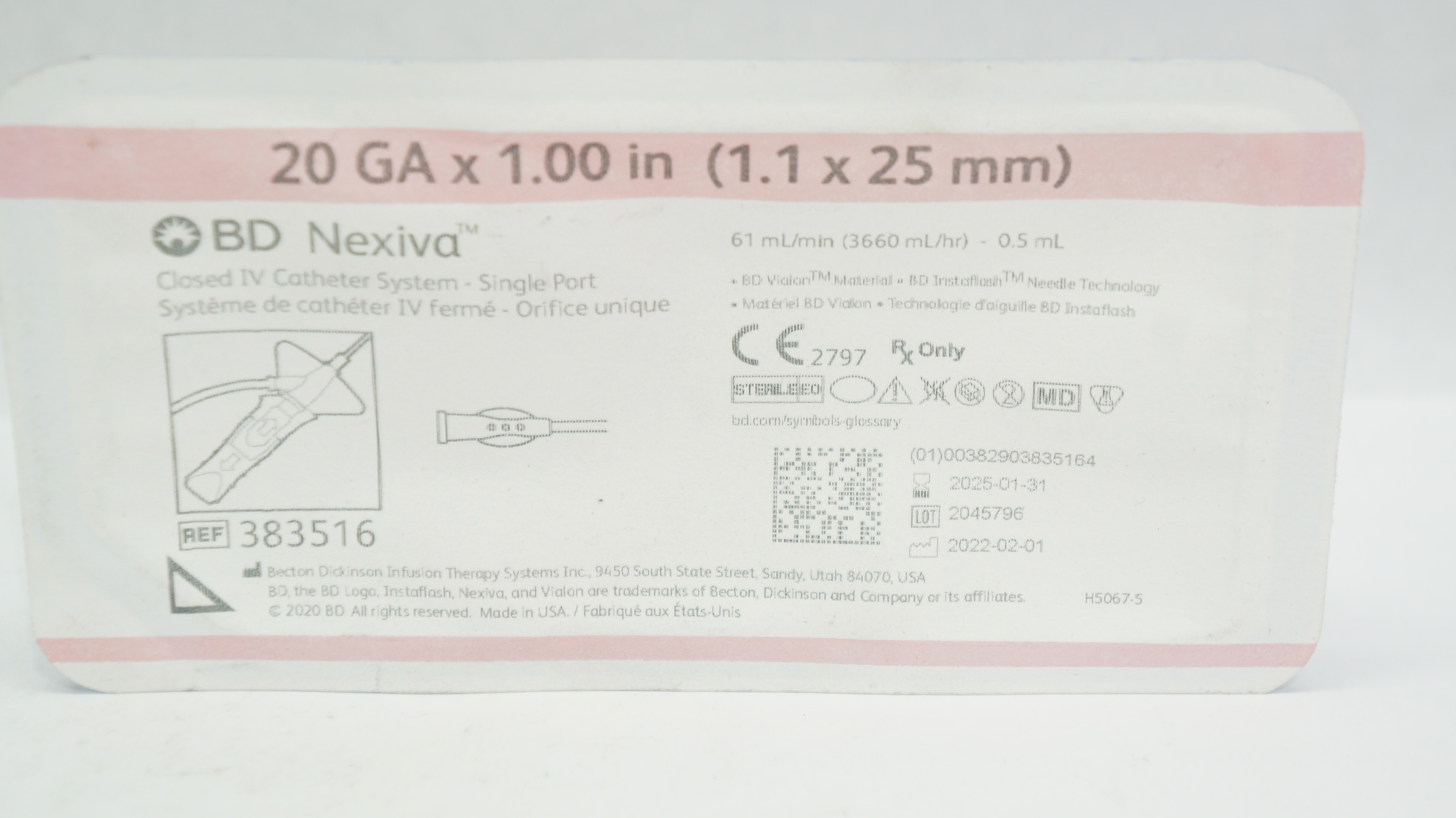 BD 383516 Nexiva Clodsed IV Cath. System - Single Port 20GA x 1.00inch 61mL/min
