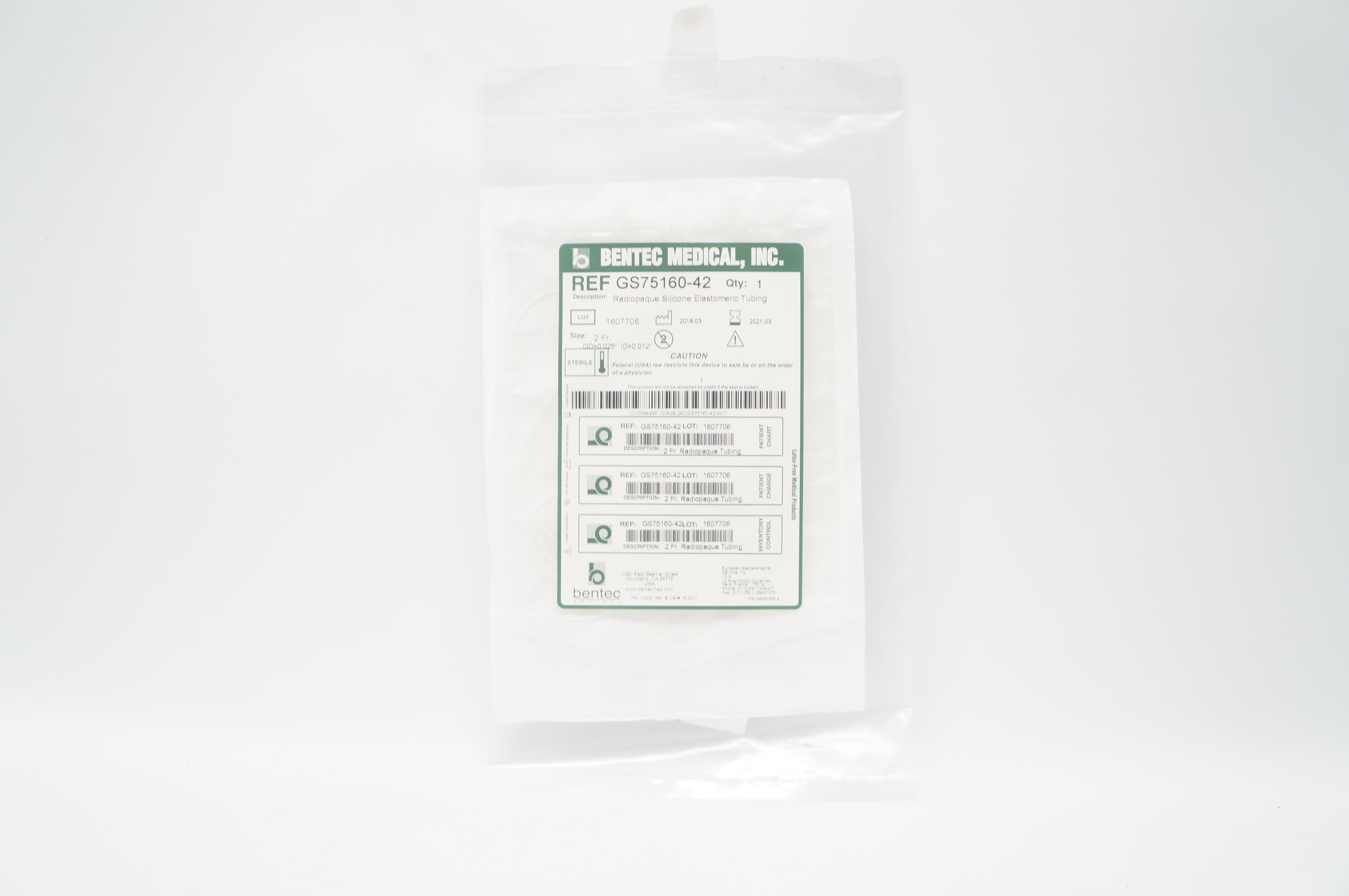 Bentec GS75160-42 Radiopaque Silicone Elastomeric Tubing (x)