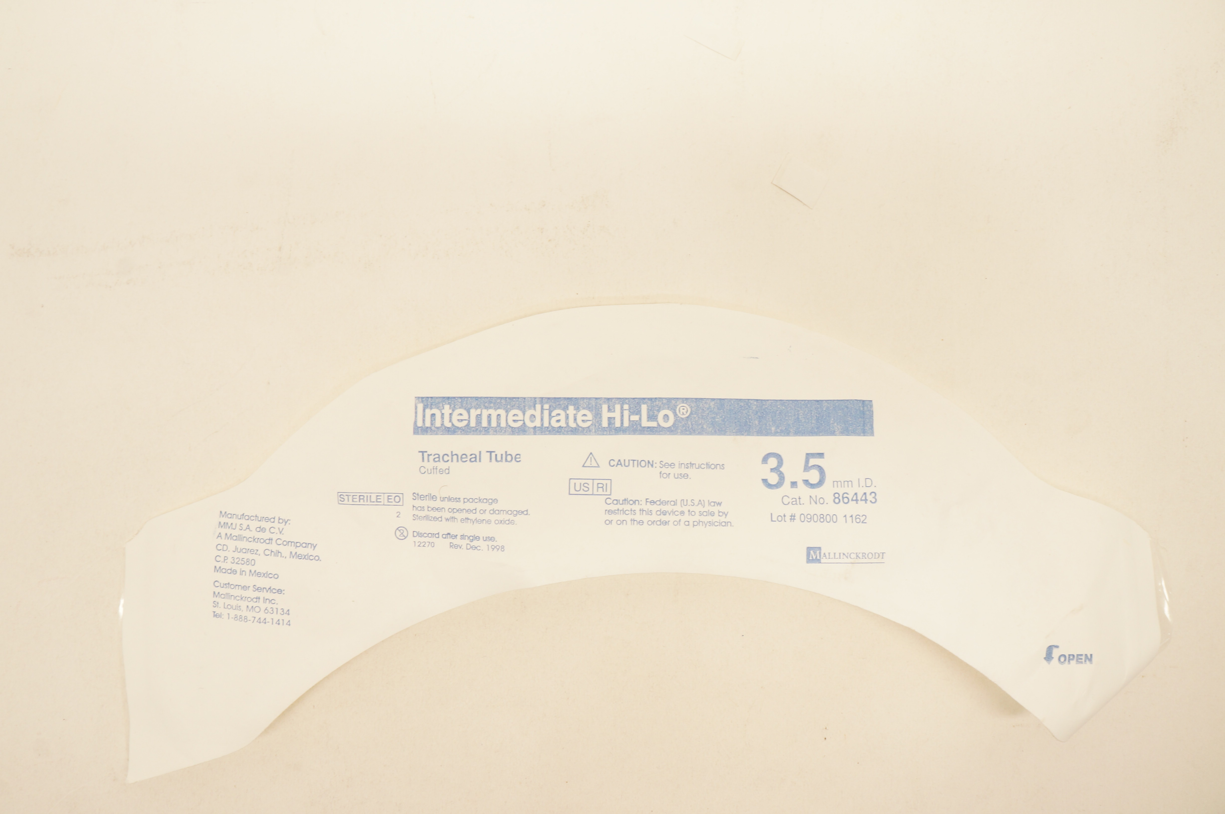 Mallinckrodt 86443 Intermediate Hi-Lo Tracheal Tube Cuffed 3.5mm ID x 4.9mm OD