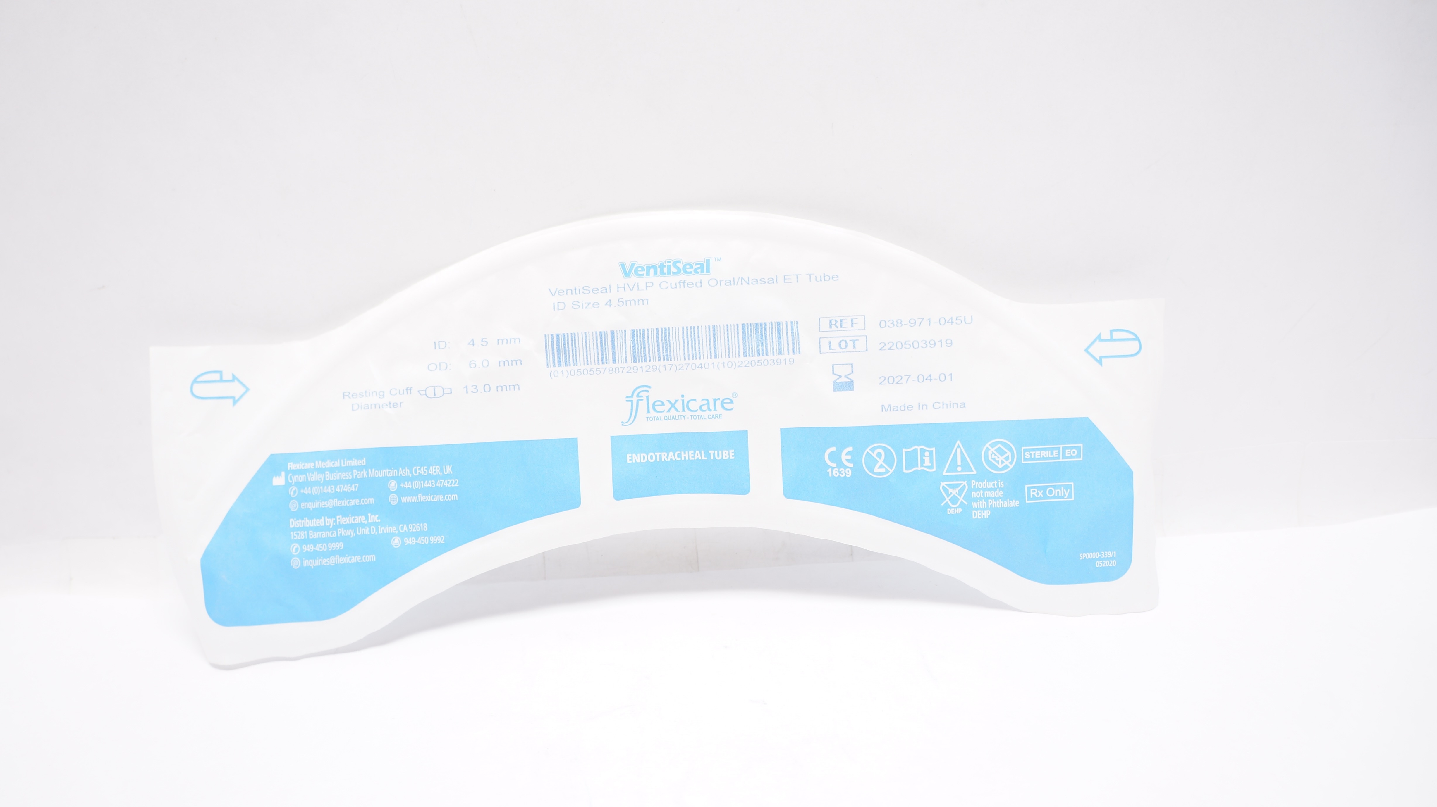 Flexicare Medical 038-971-045U VentiSeal HVLP Cuffed Oral/Nasal ET Tube 4.5mm