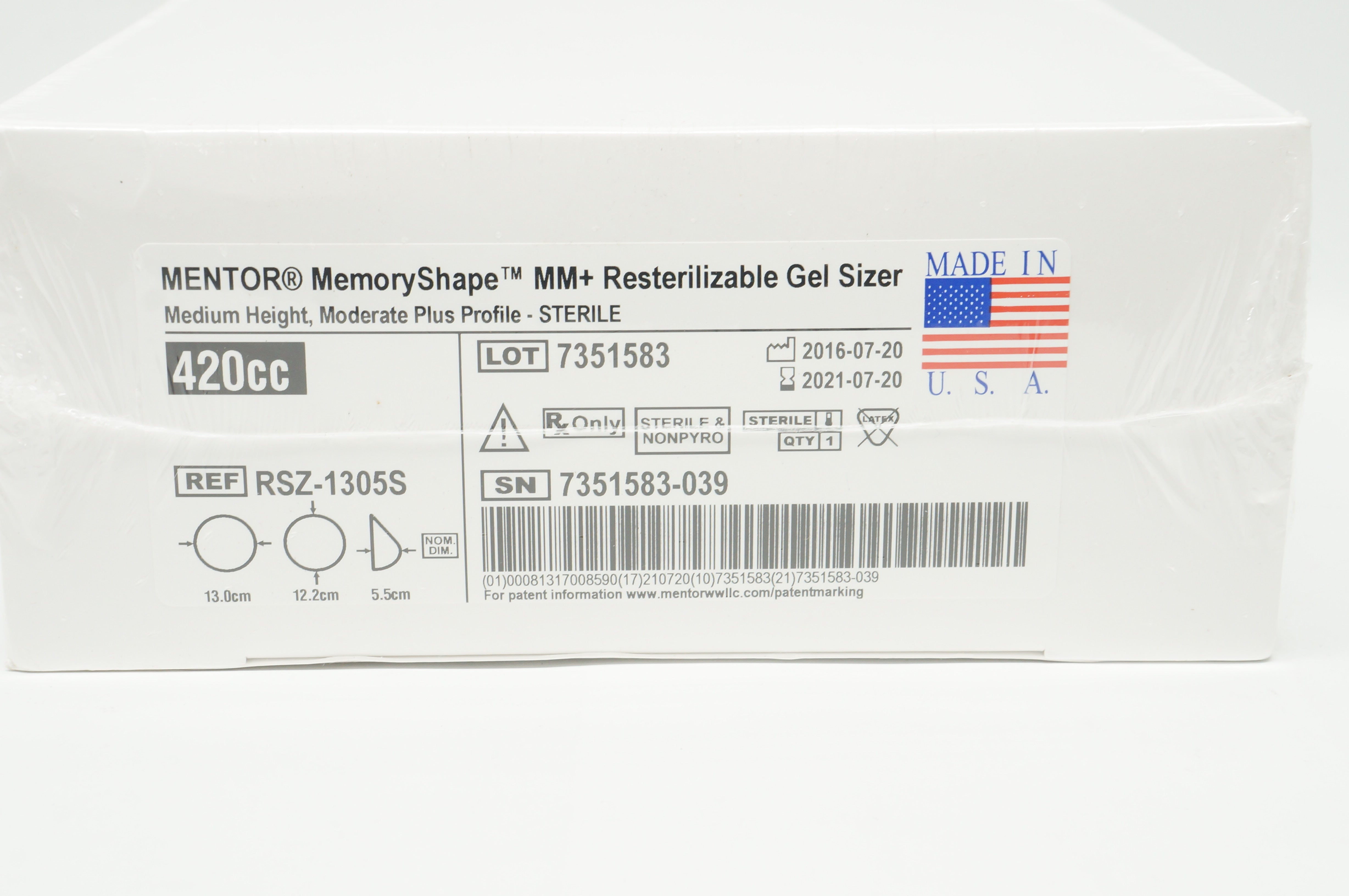Mentor RSZ-1305S Memory Shape MM+ Resterilizable Gel Sizer 420cc (x)
