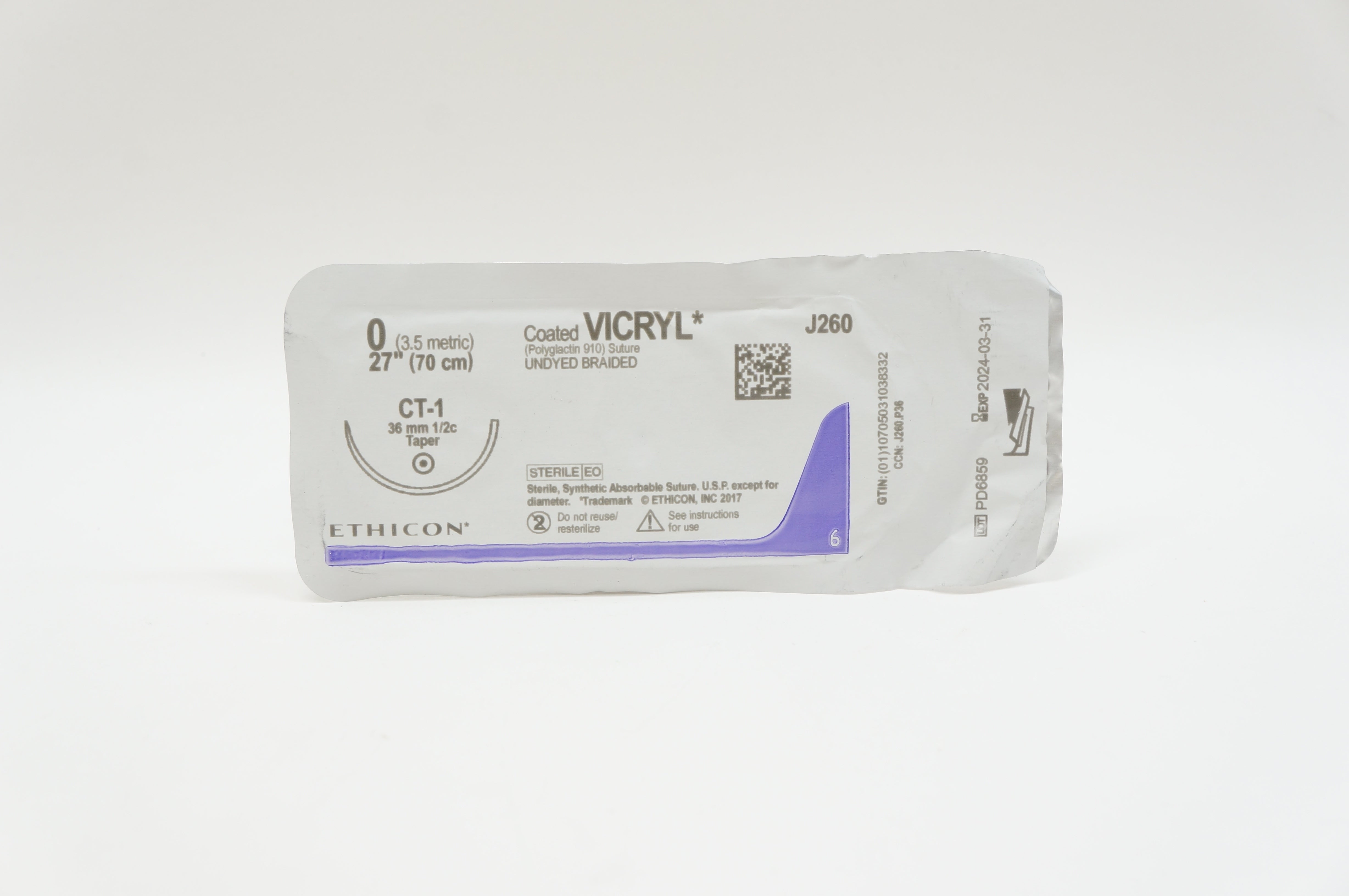 Ethicon J260 0 VICRYL, CT-1, 36mm 1/2c Taper, 27inch