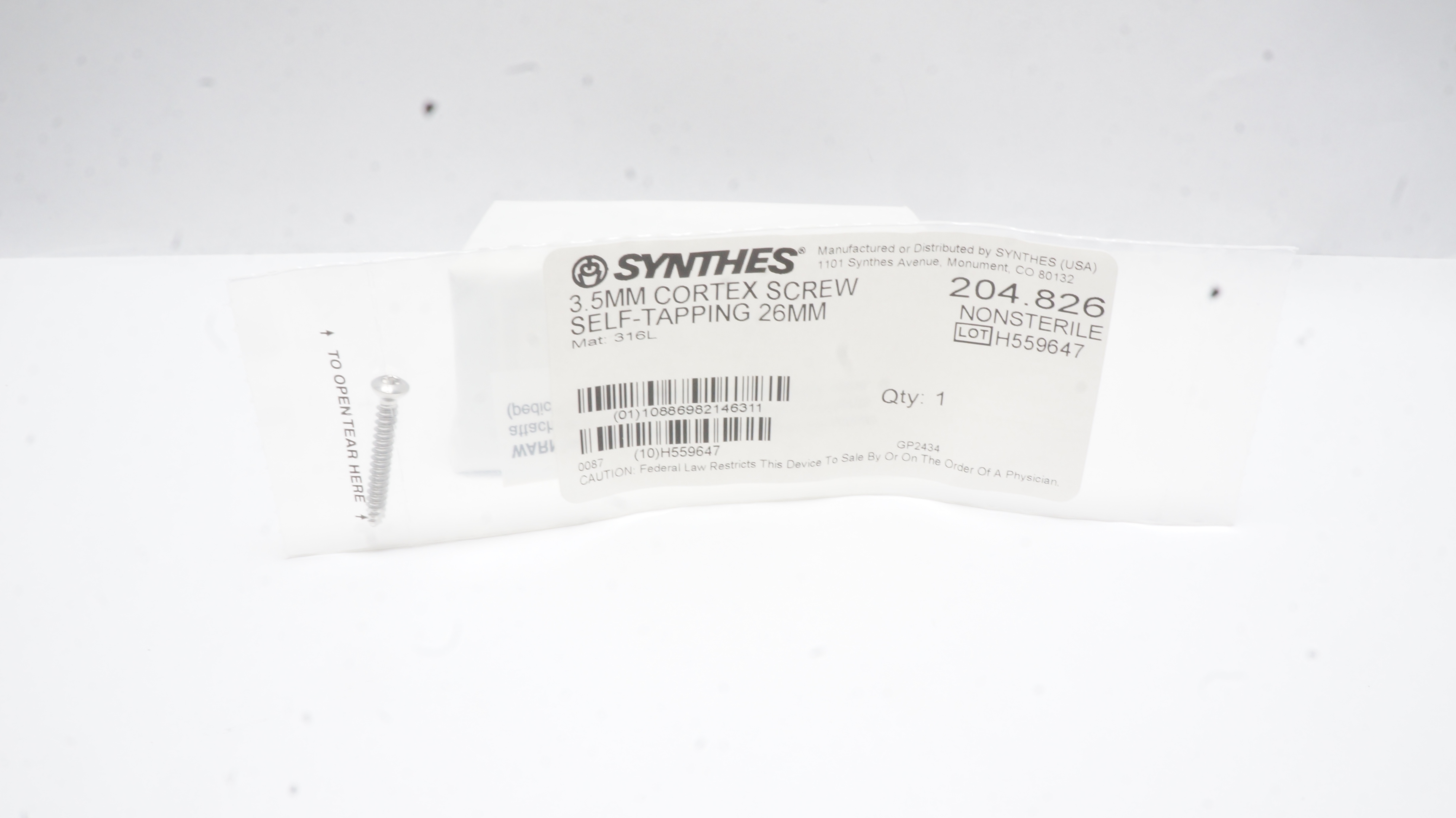 Synthes 204.826 3.5mm Cortex Screw Self-Tapping 26mm