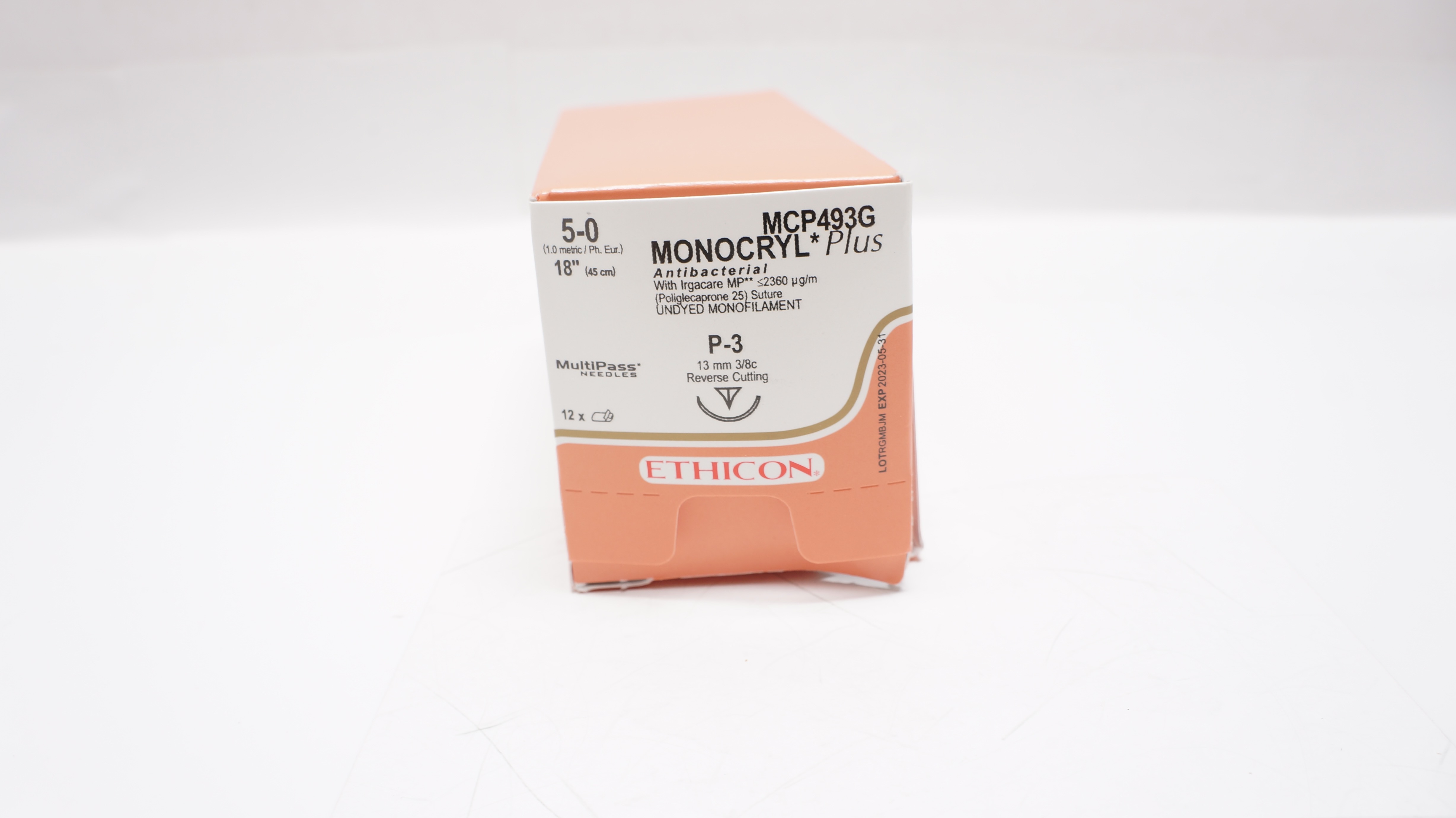Ethicon MCP493G 5-0 MONOCRYL Plus P-3 Reverse Cutting 13mm 3/8c 18in(x)-Box of 9