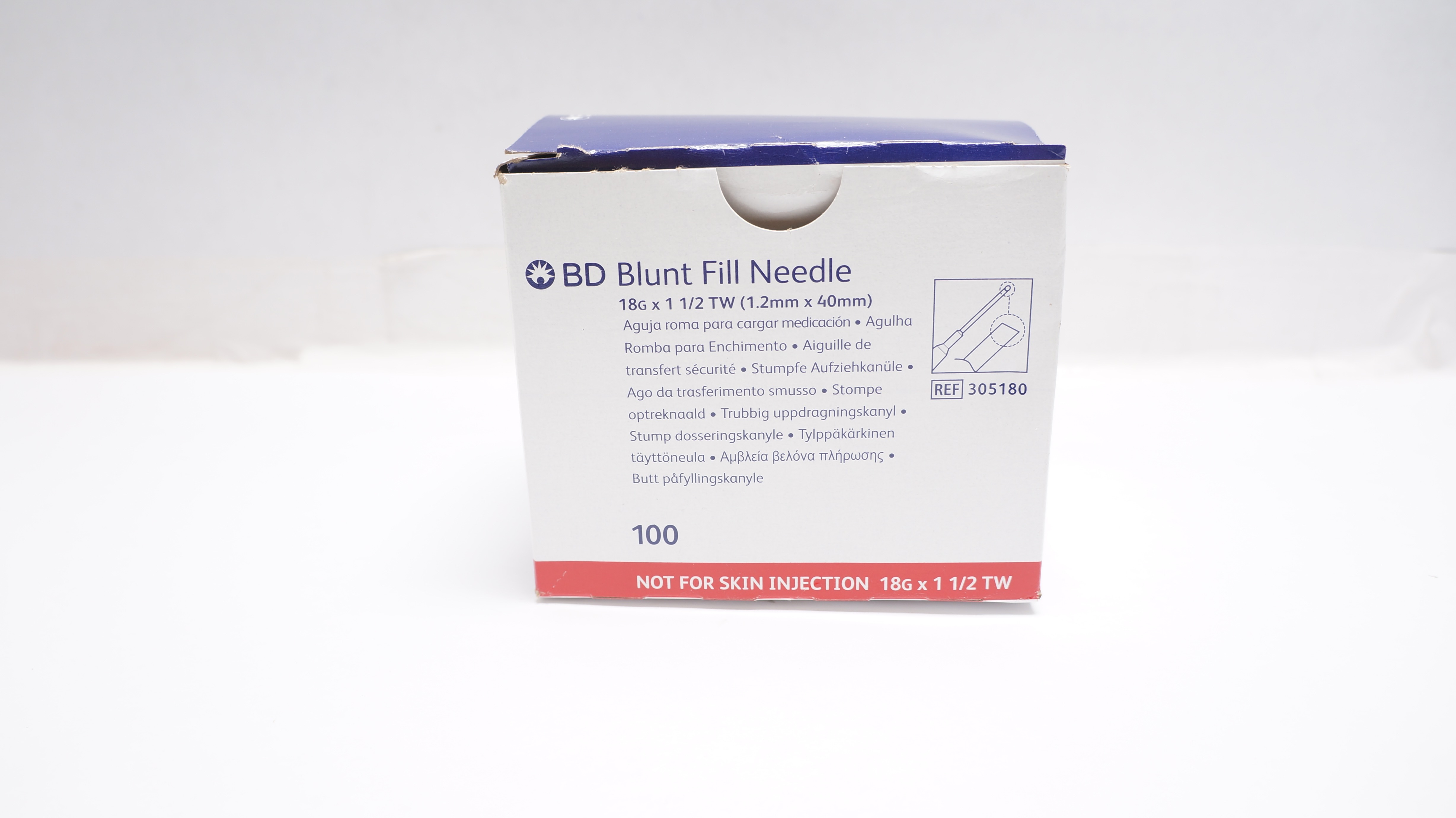 BD 305180 Blunt Fill Ndle Not For Skin Injecton 18G x 1 1/2 TW - Box of 90