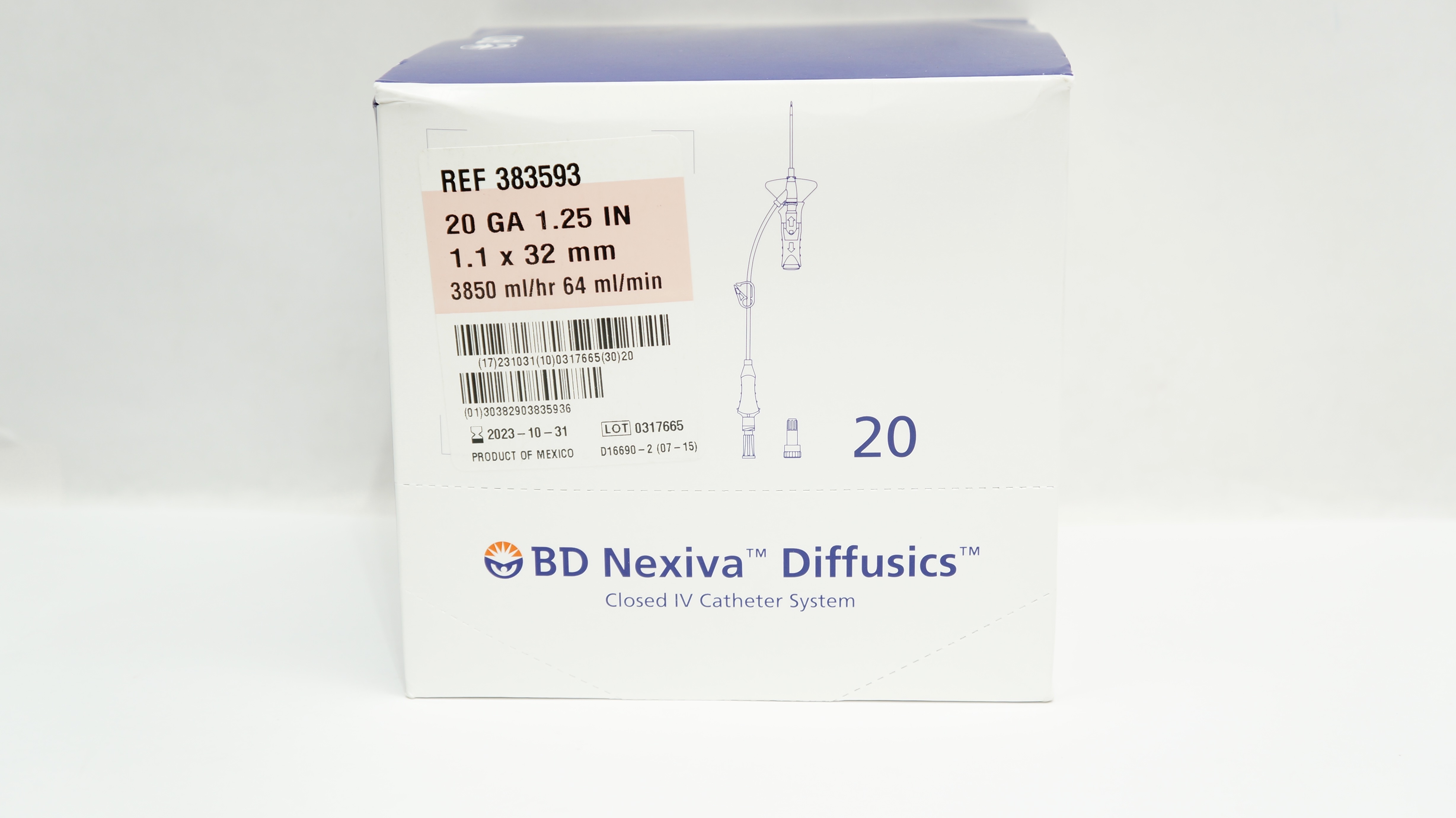 BD 383593 Nexiva Diffusics Closed IV Cath. System 20GA x 1.25inch - Box of 19