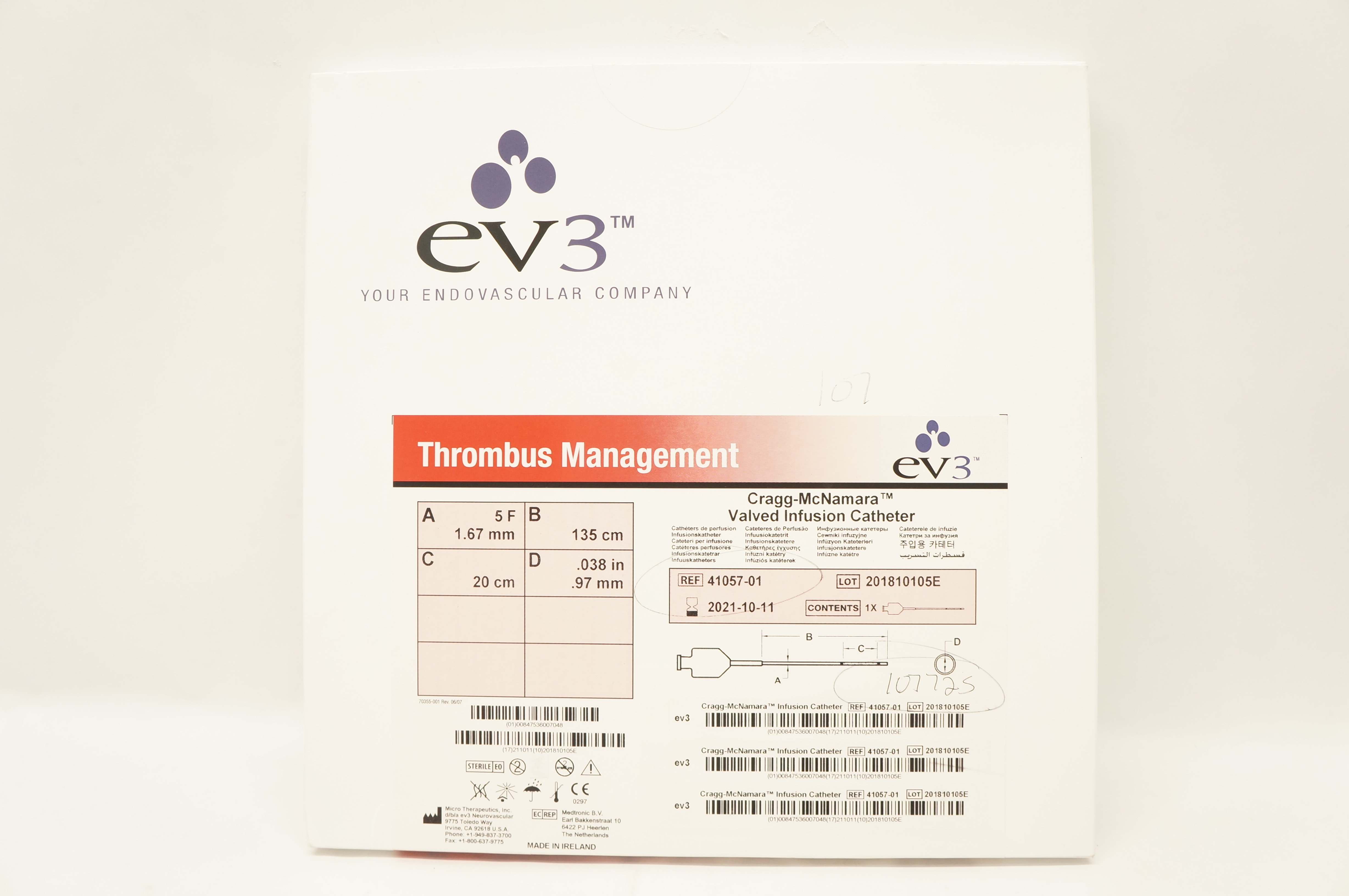 EV3 41057-01 Cragg-McNamara Valved Infusion Cath. 5F x 135 x 20cm x .038inch (x)